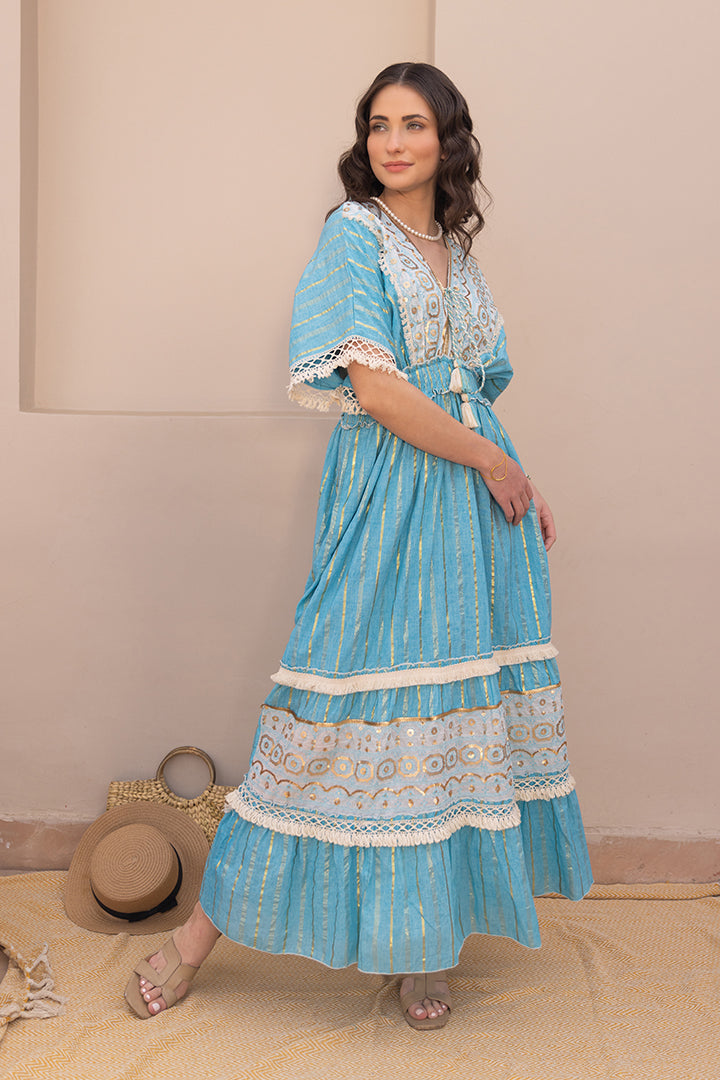 Zoya Laced Boho Blue Kaftan-Style Resort Maxi by Label Reyya - view 3