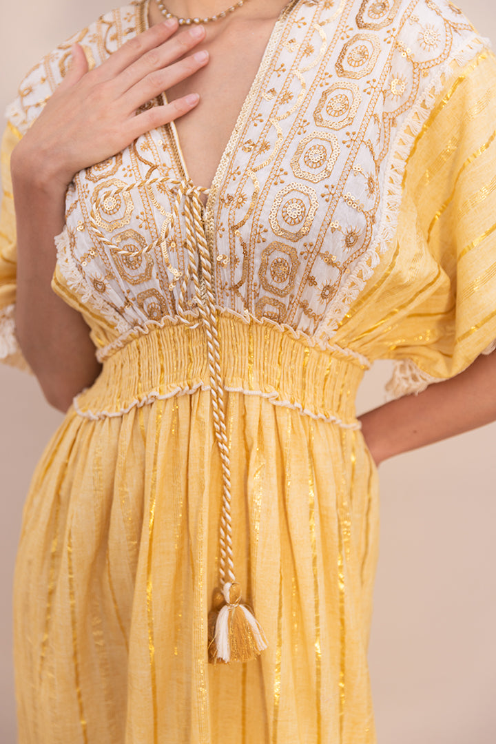 Zoya Laced Boho Kaftan-Style Resort Maxi — Yellow