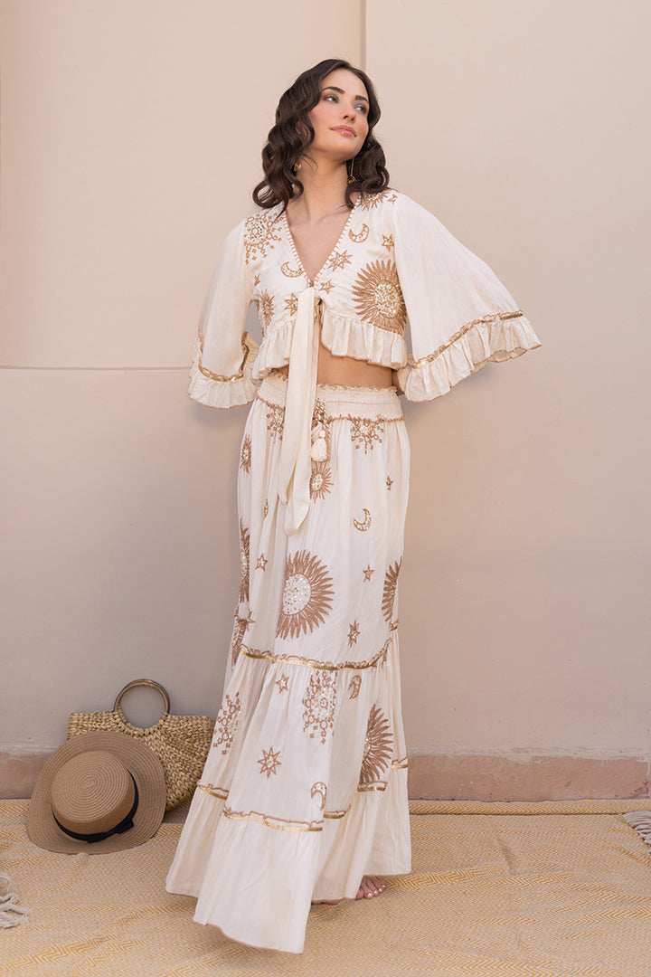 Zivaya Boho Ruffle Blouse & Skirt Cord-set — White
