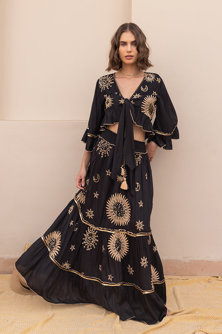 Black Zivaya Boho Ruffle Blouse & Skirt Cord-set by Label Reyya - view 3
