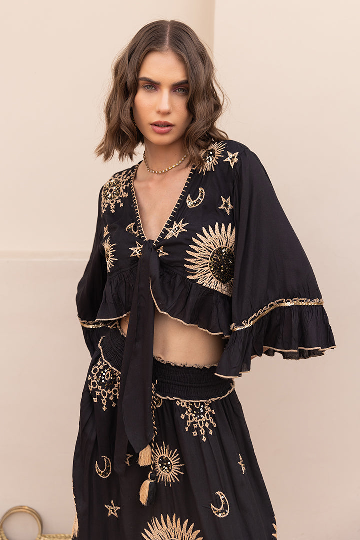 Black Zivaya Boho Ruffle Blouse & Skirt Cord-set by Label Reyya - view 5