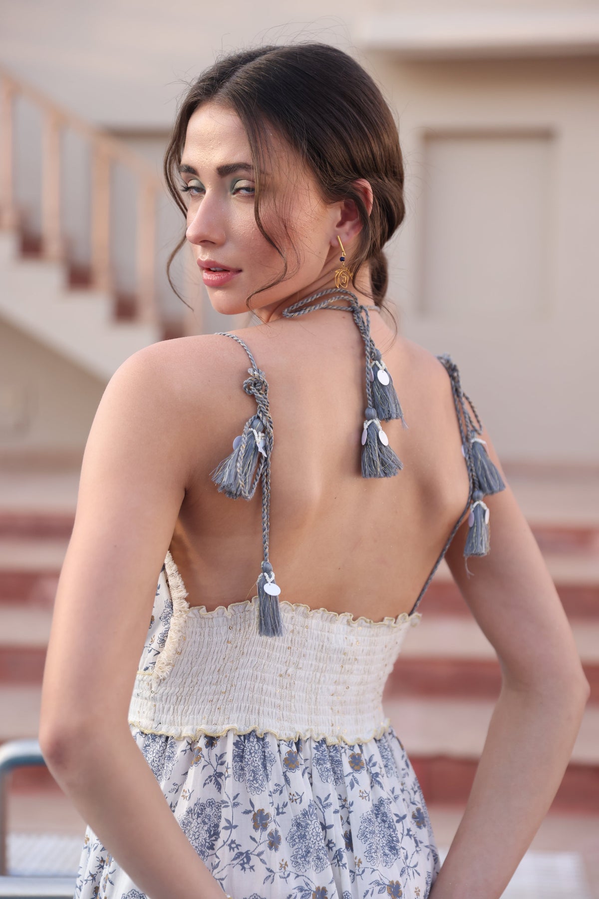 Boho Off-White & Blue Tie-Up Maxi by Label Reyya - view 6