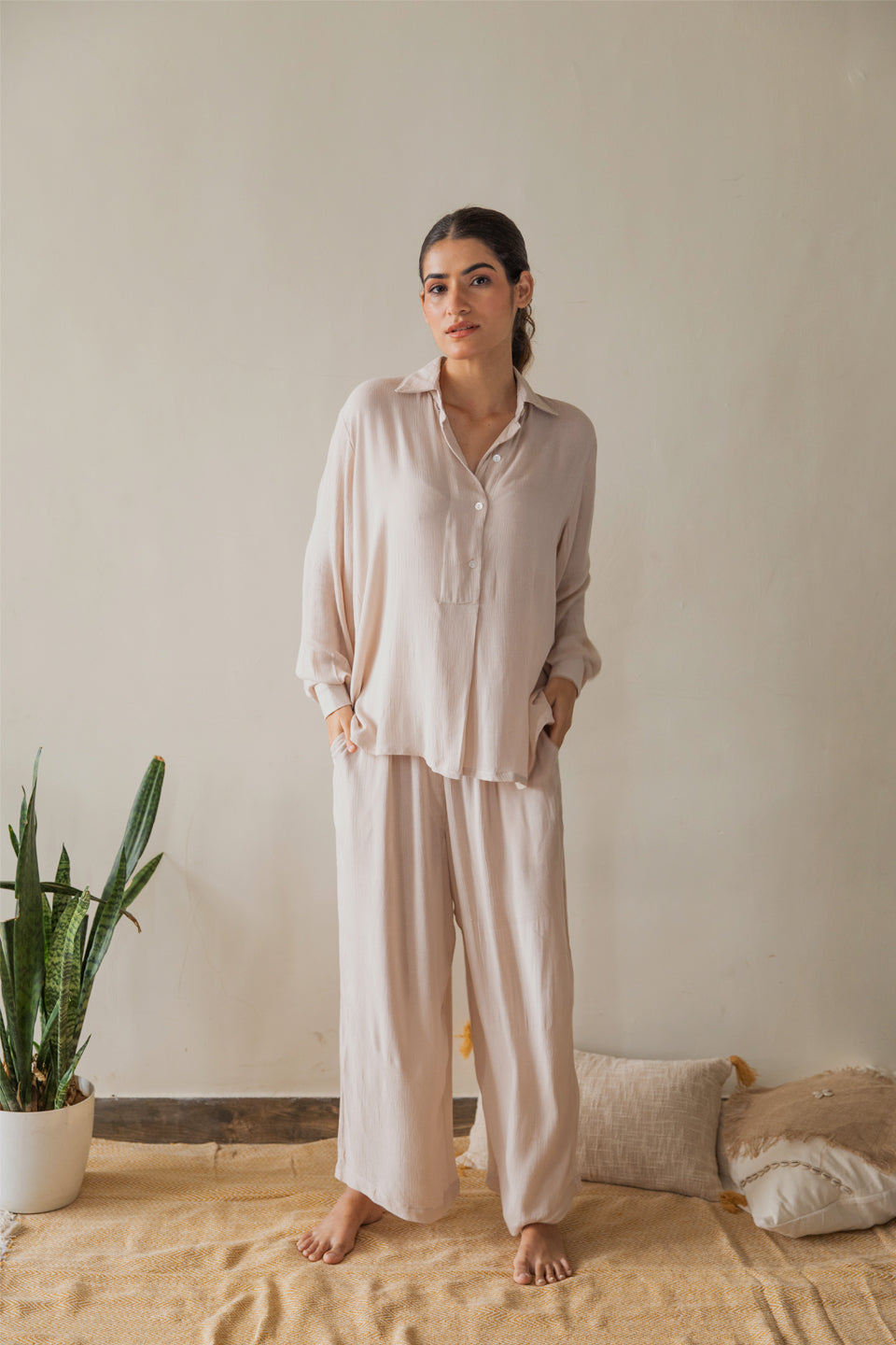 Beige Solid Co-ord Set (Set of 2)