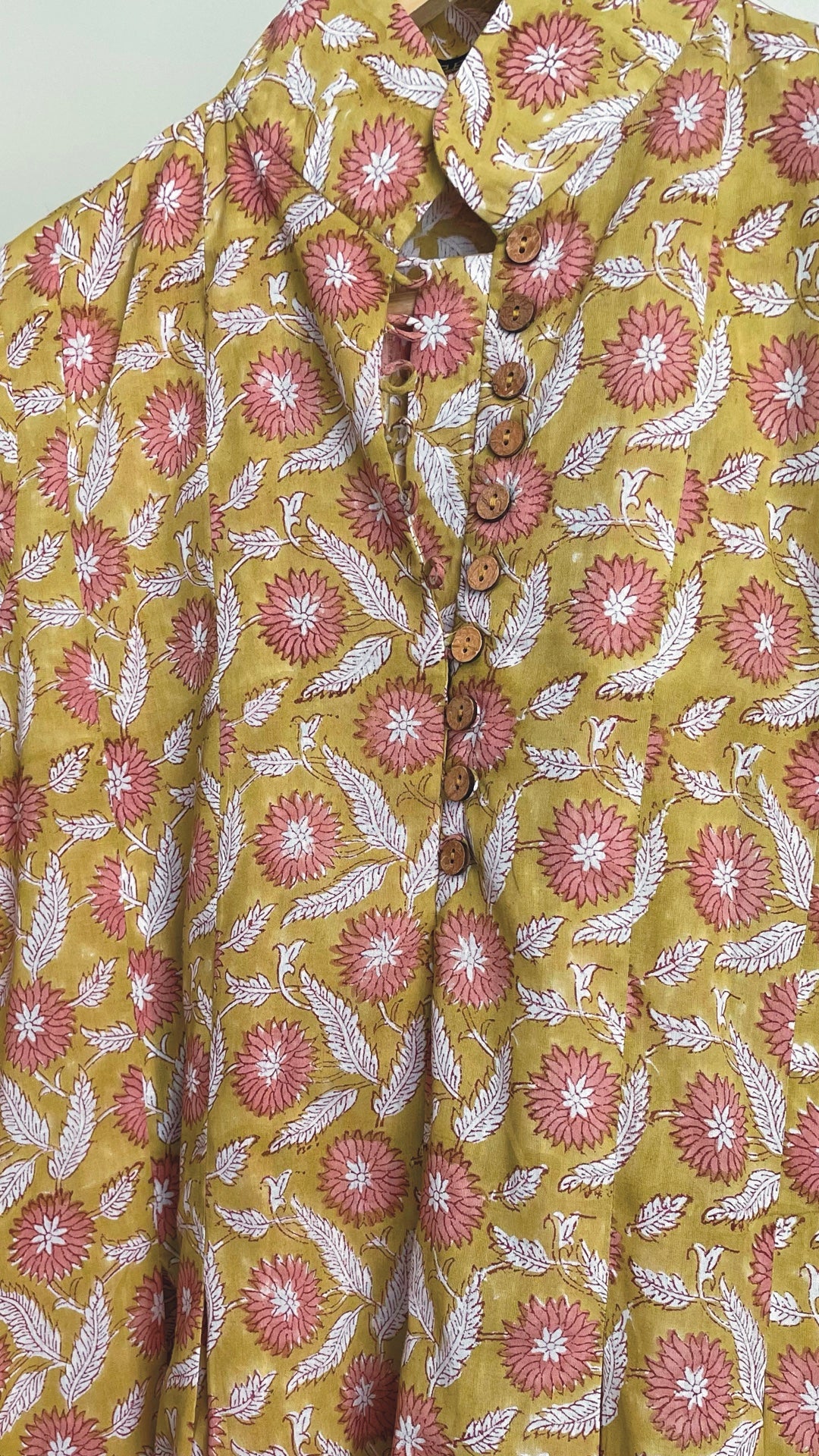 Mustard and Pink Floral Block Printed Maxi by Kapraaha - view 3
