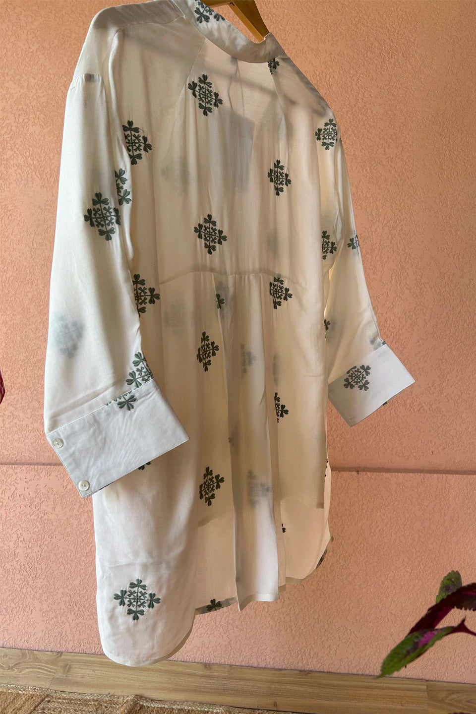 Ivory Green Embroidered Muslin Shirt