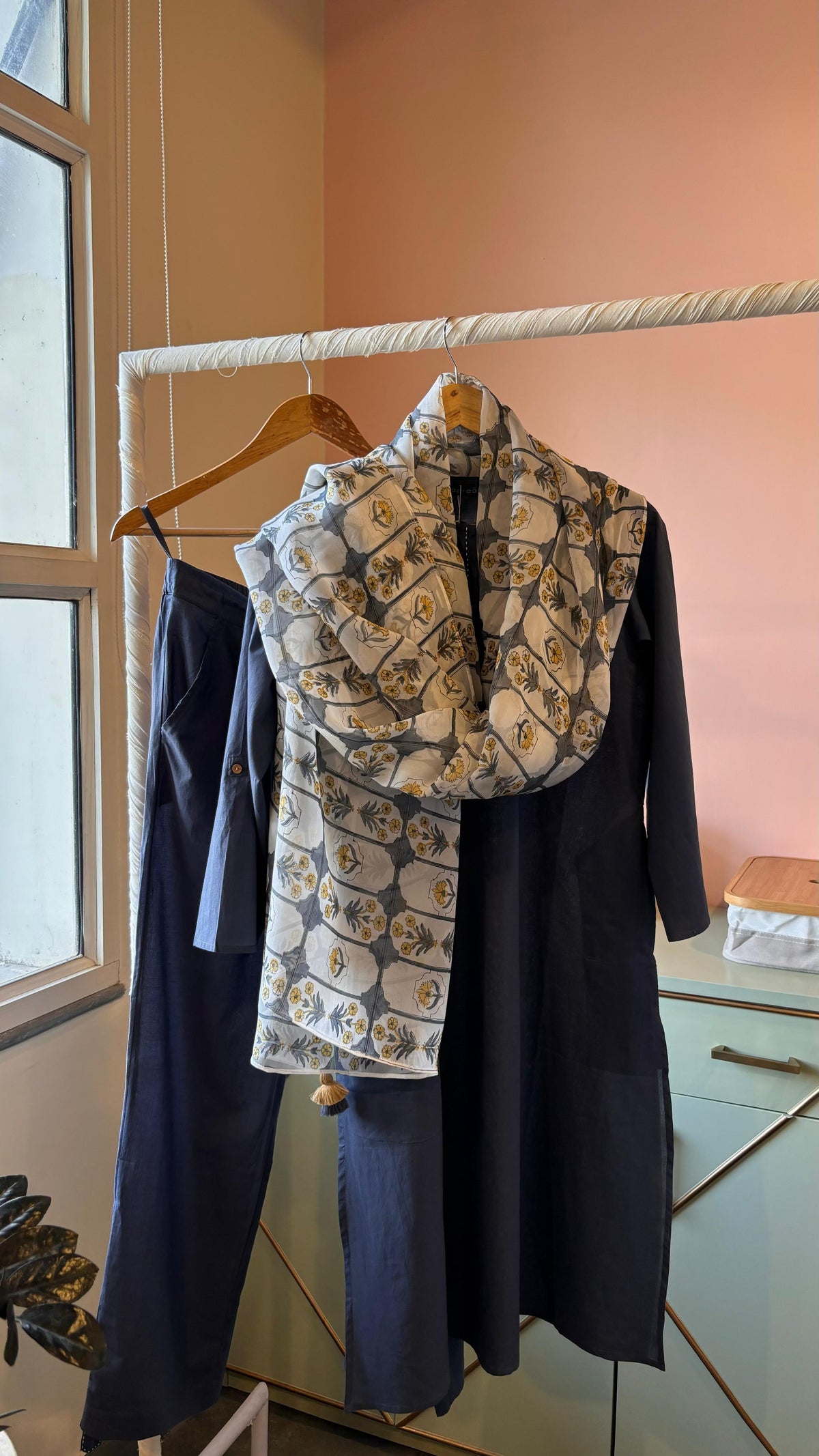 Navy Cotton Suit Set With Organza Printed Dupatta (Set Of Three) by Kapraaha - view 3