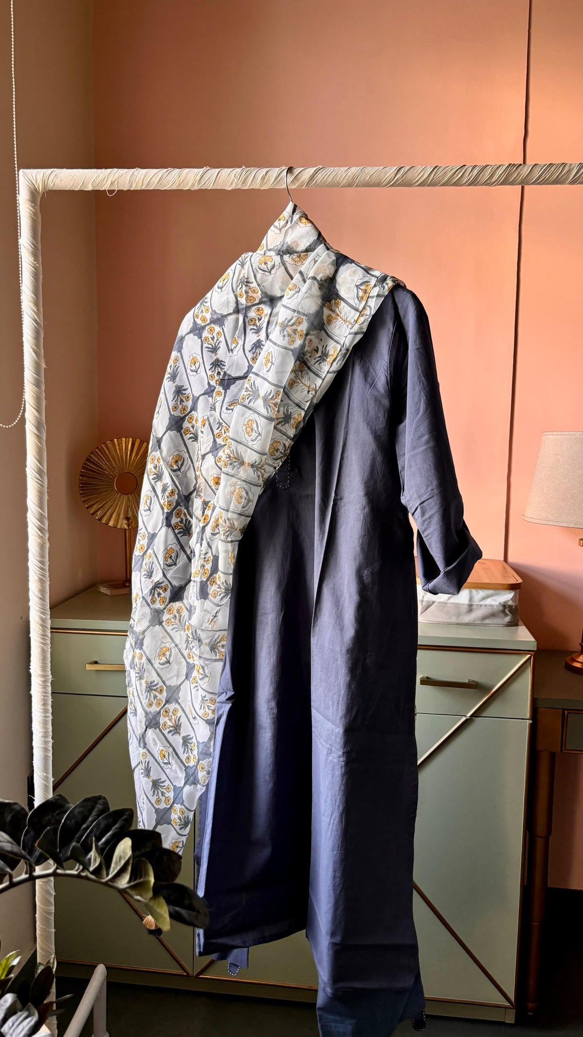 Navy Cotton Suit Set With Organza Printed Dupatta (Set Of Three) by Kapraaha - view 5