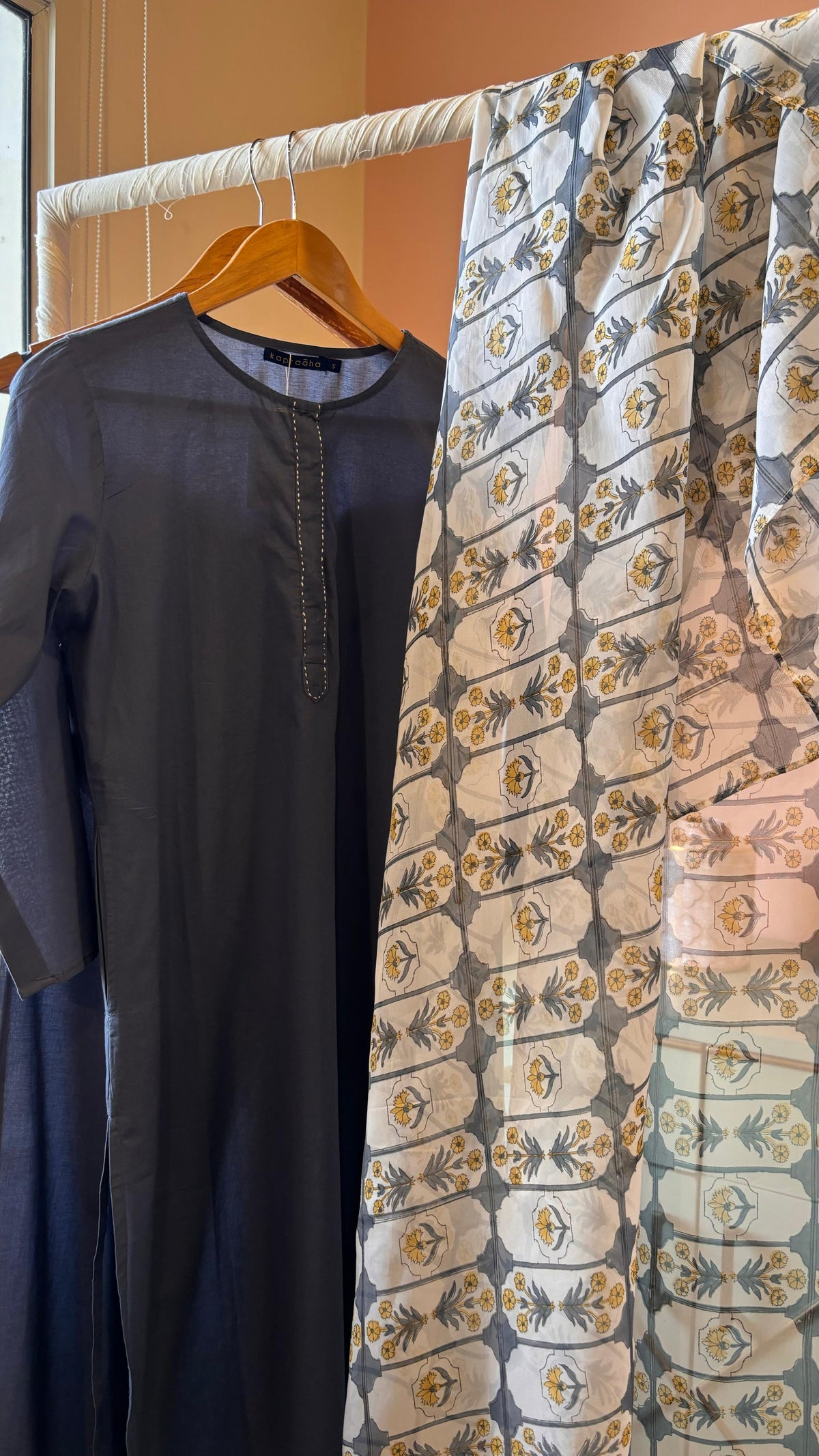 Navy Cotton Suit Set With Organza Printed Dupatta (Set Of Three) by Kapraaha - view 4