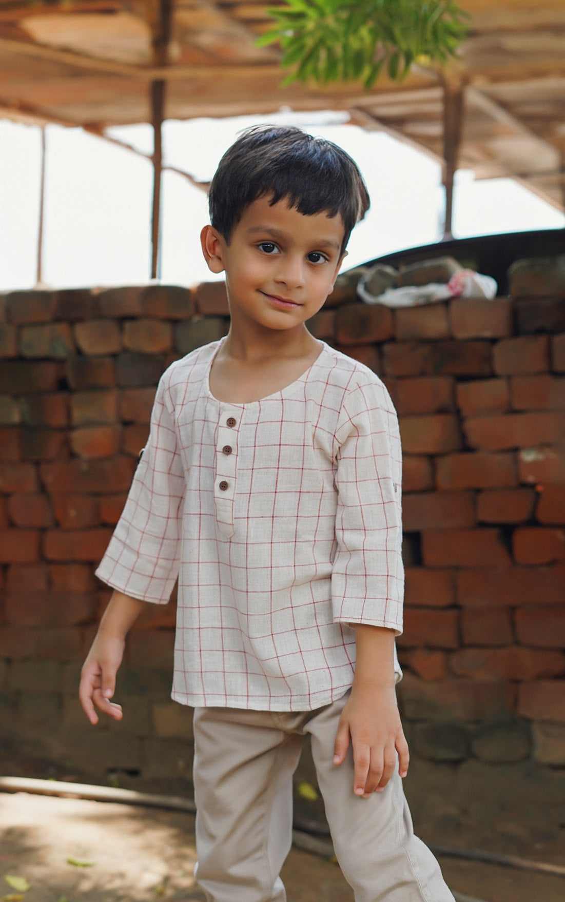 Basic Tribe Baby of the World Checked Kala Cotton Kurta Top — Red check