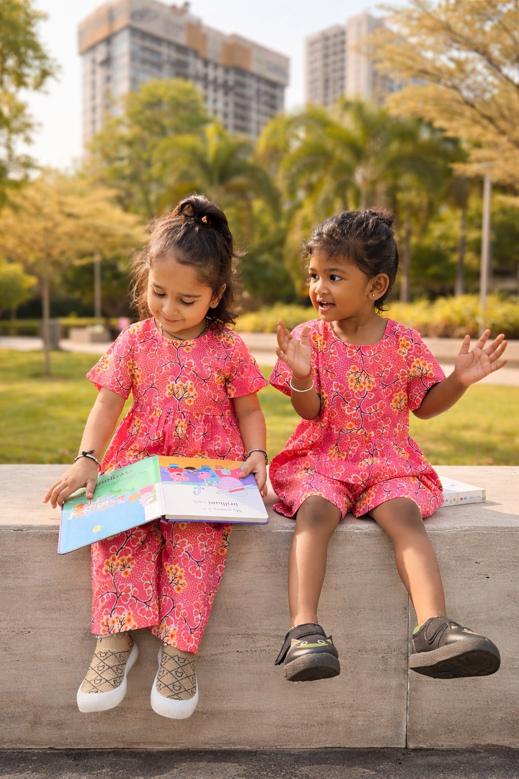 Two girls wearing Basic Tribe Jhilmil pink printed cotton outfits outdoors