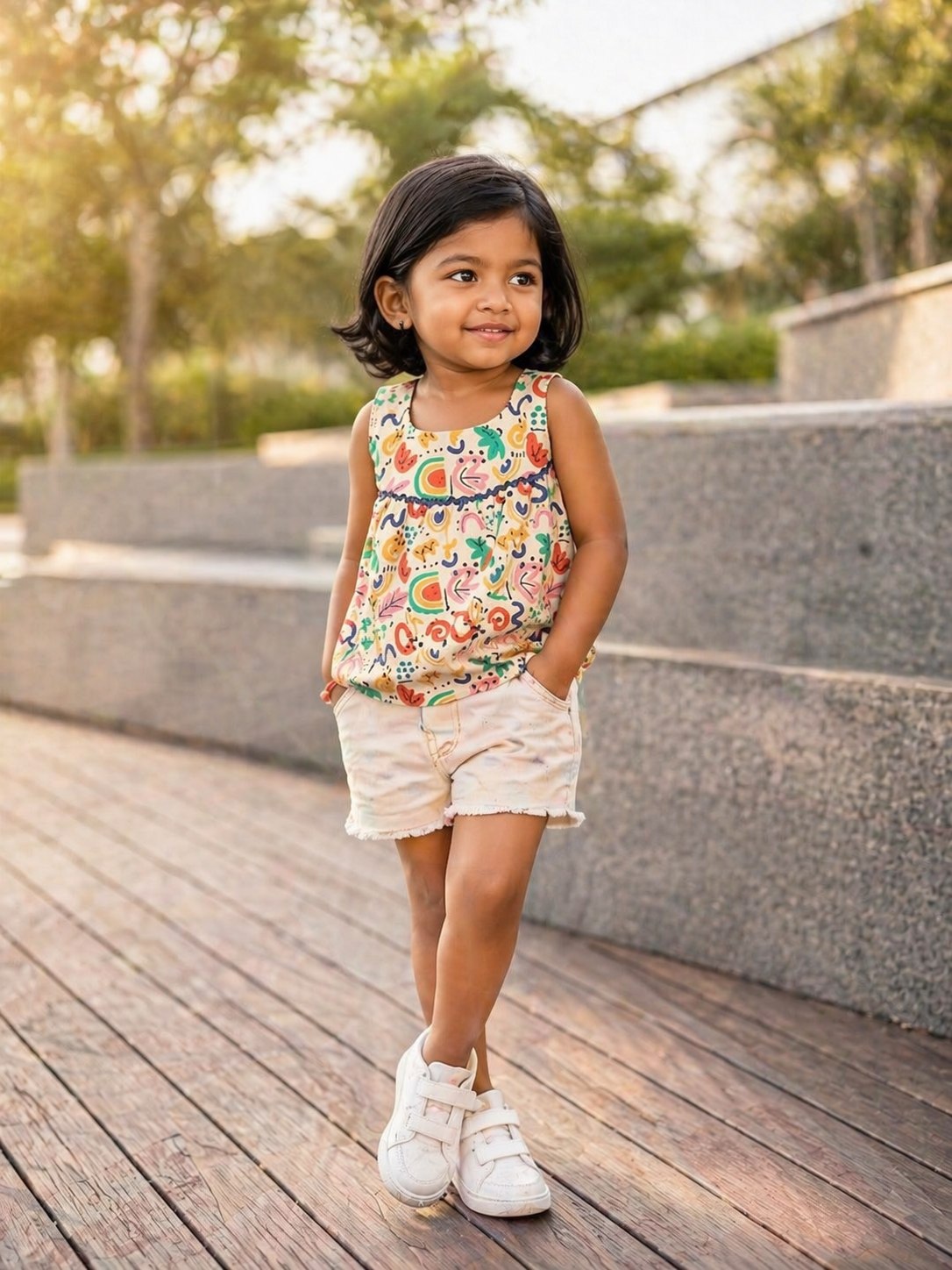 Basic Tribe Masakkali Abstract Print Sleeveless Cotton Top for Girls — Multicolour abstract print