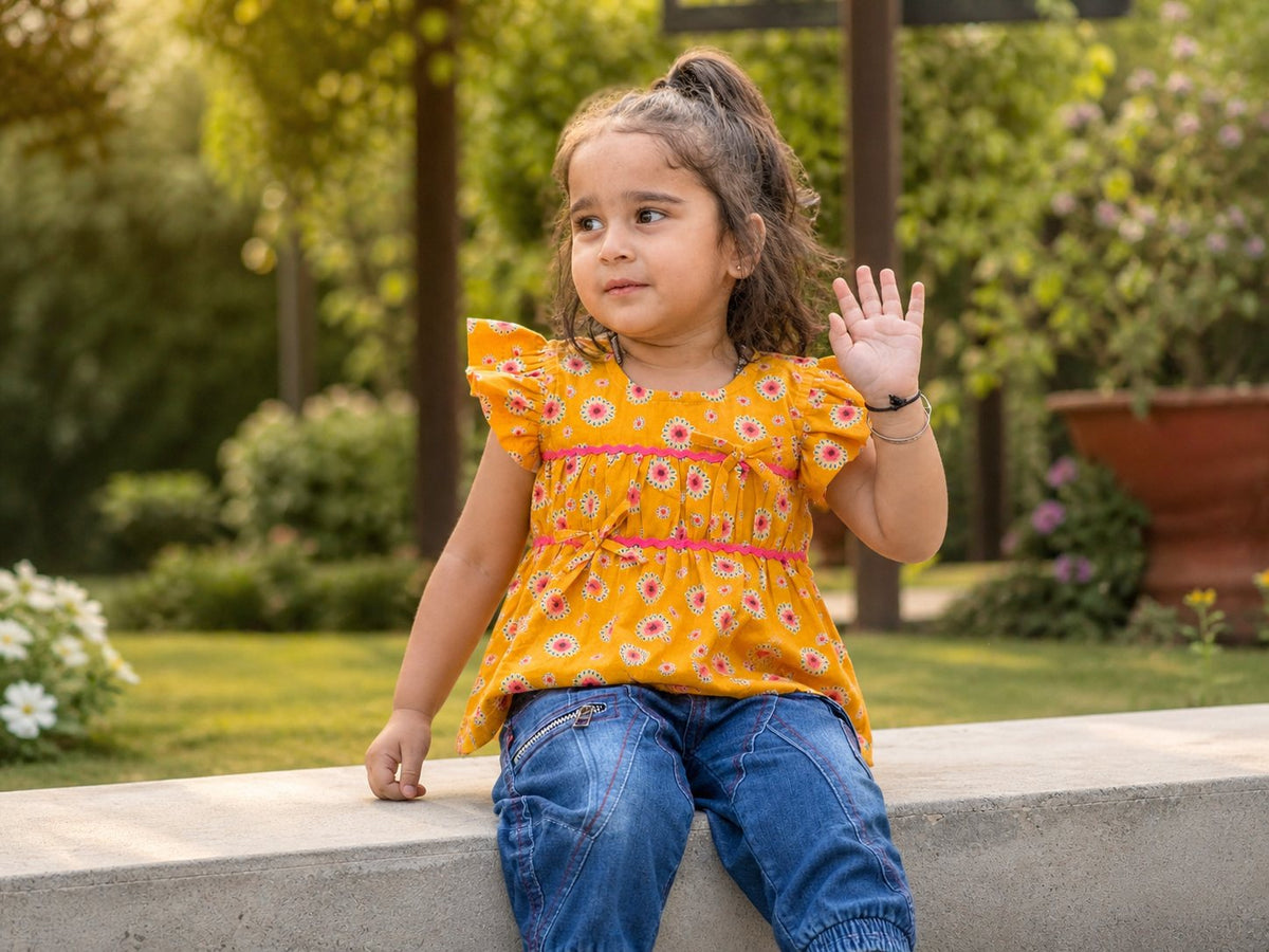 Girl sitting outdoors in Basic Tribe Pretty Wow yellow cotton top with pink floral pattern