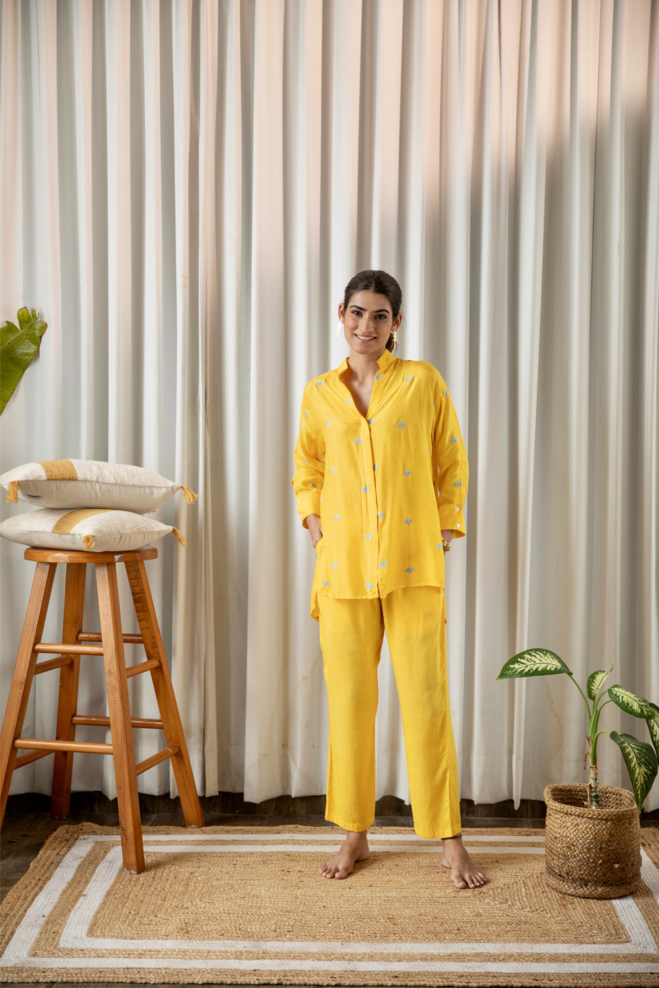 Yellow Embroidered Co-ord Set (Set of Two) by Kapraaha - view 4