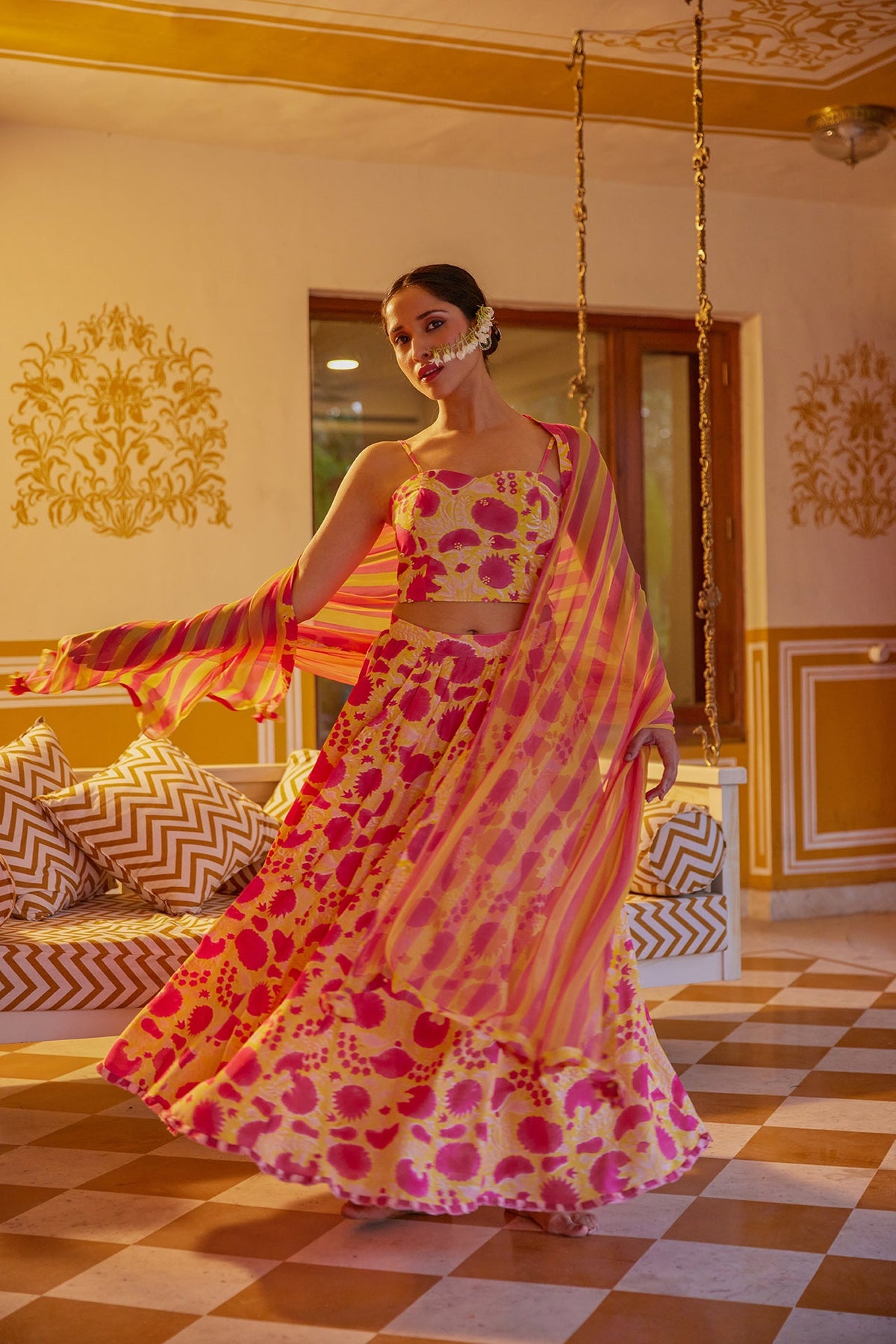 Yellow Floral Muslin Lehenga Set ( Set of Three) by Kapraaha - view 3
