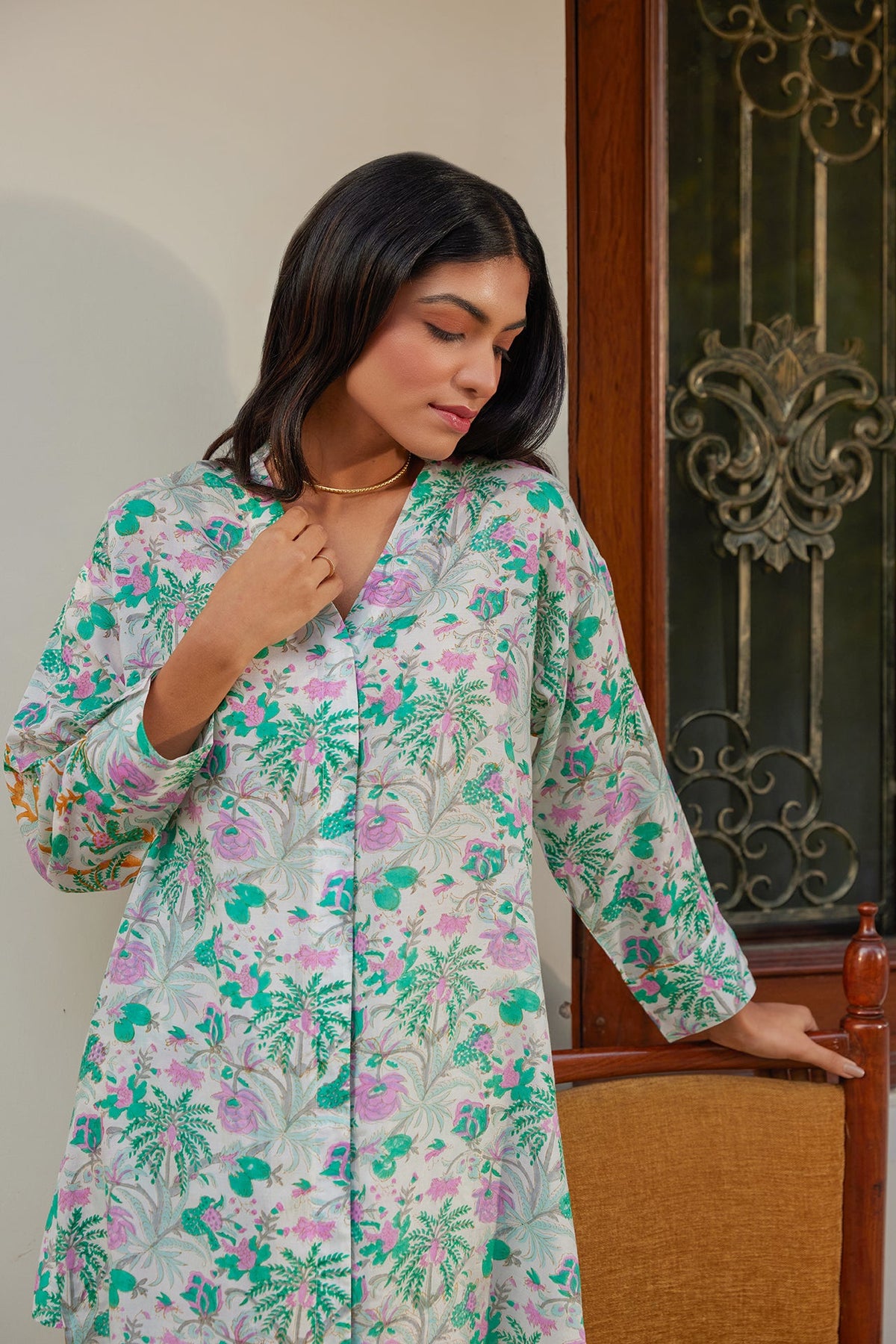 Teal Floral Tunic Set (Set of Two) by Kapraaha - view 4
