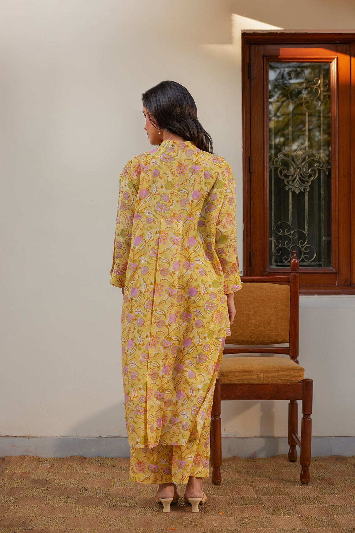 Yellow Floral Muslin Tunic Co-Ord Set (Set of Two) by Kapraaha - view 6