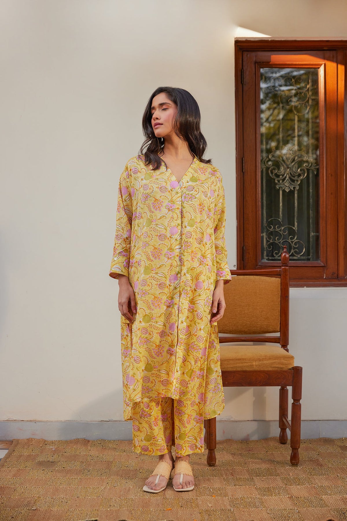 Yellow Floral Muslin Tunic Co-Ord Set (Set of Two) by Kapraaha - view 3