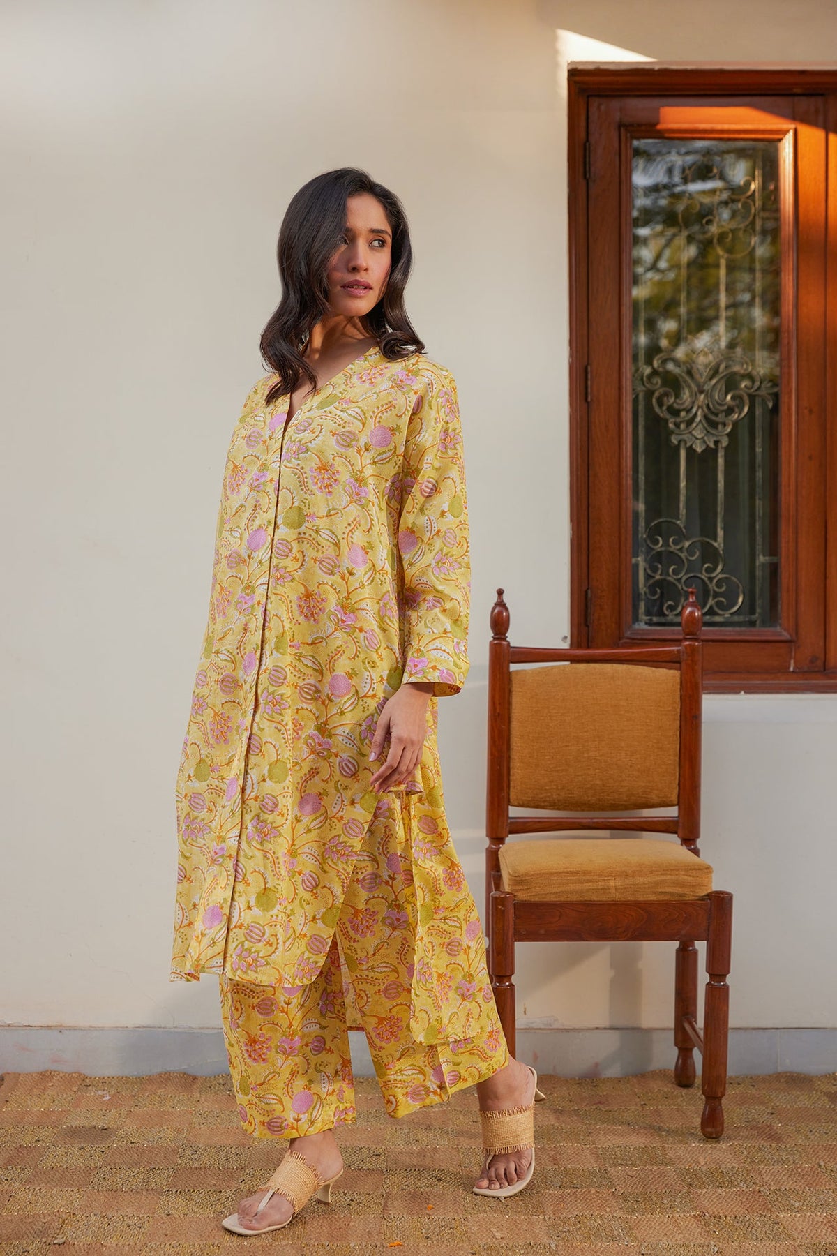 Yellow Floral Muslin Tunic Co-Ord Set (Set of Two) by Kapraaha - view 5