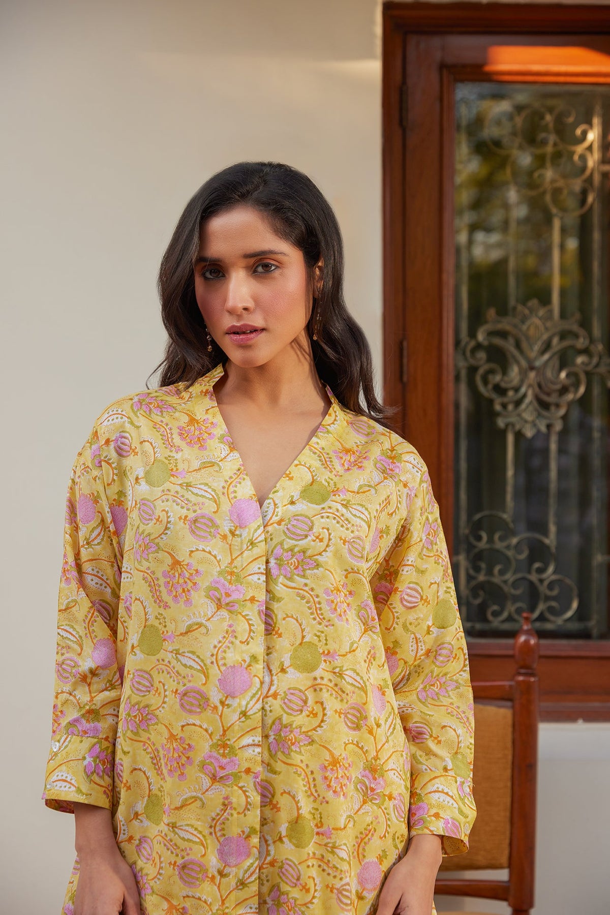Yellow Floral Muslin Tunic Co-Ord Set (Set of Two) by Kapraaha - view 9