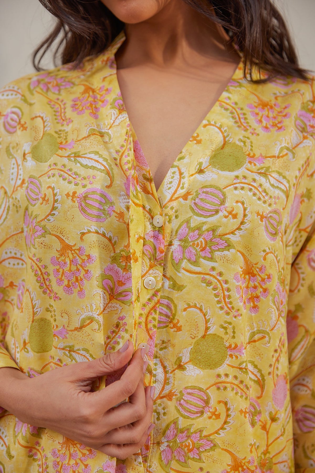 Yellow Floral Muslin Tunic Co-Ord Set (Set of Two) by Kapraaha - view 4