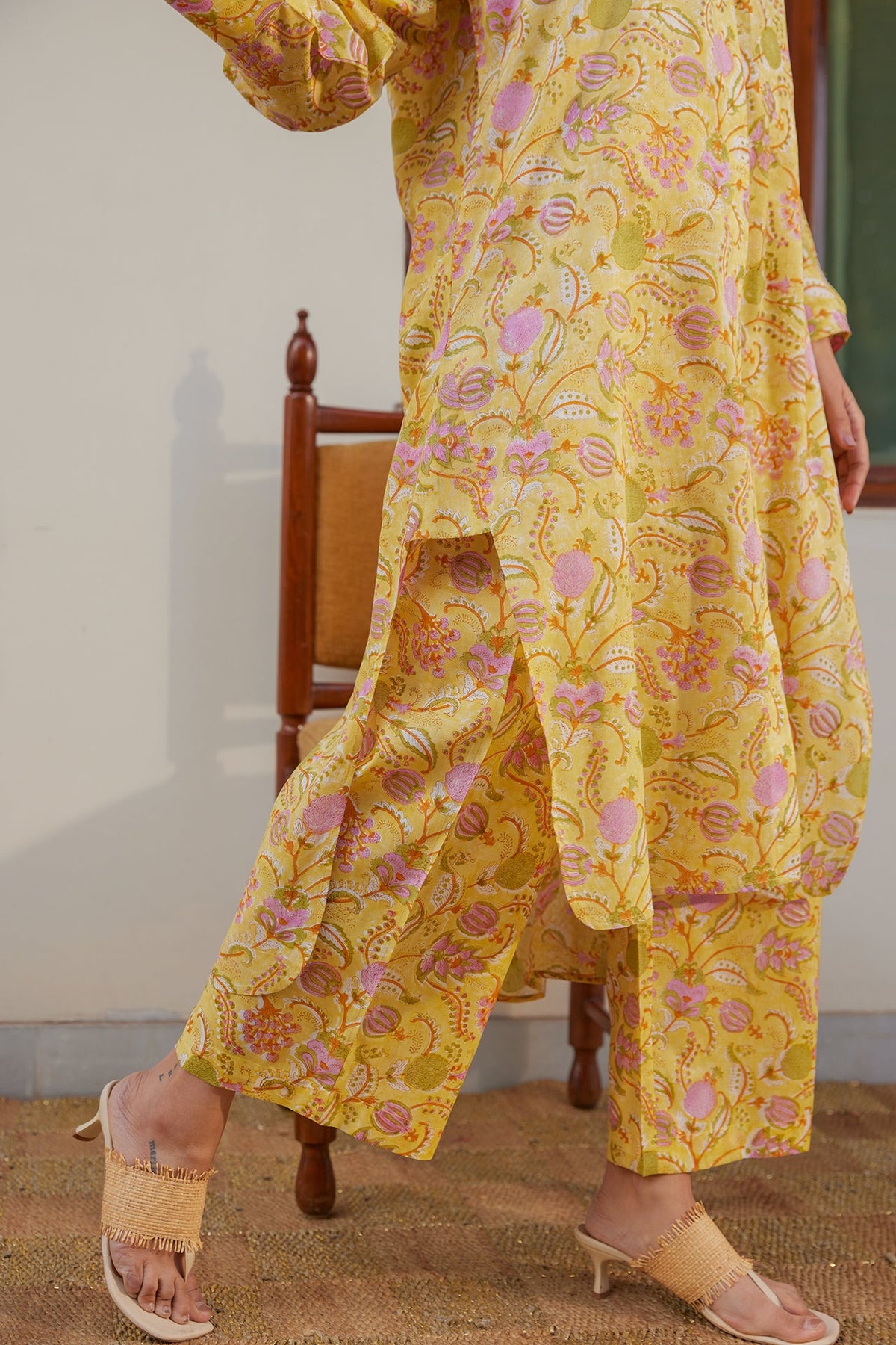 Yellow Floral Muslin Tunic Co-Ord Set (Set of Two) by Kapraaha - view 7