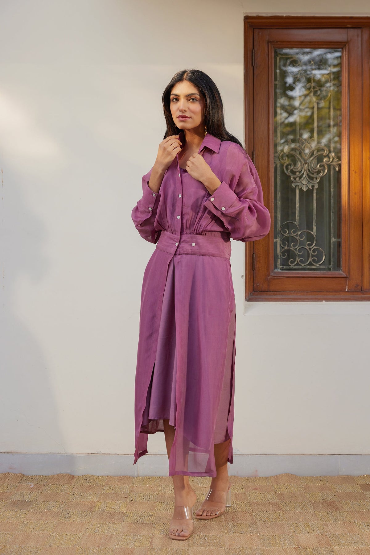 Purple Solid Organza Jacket Set (Set of Two) by Kapraaha - view 7