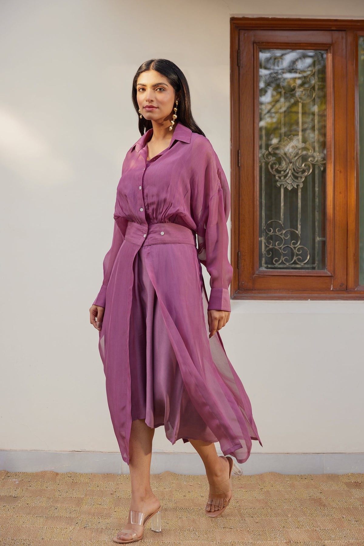 Purple Solid Organza Jacket Set (Set of Two) by Kapraaha - view 9