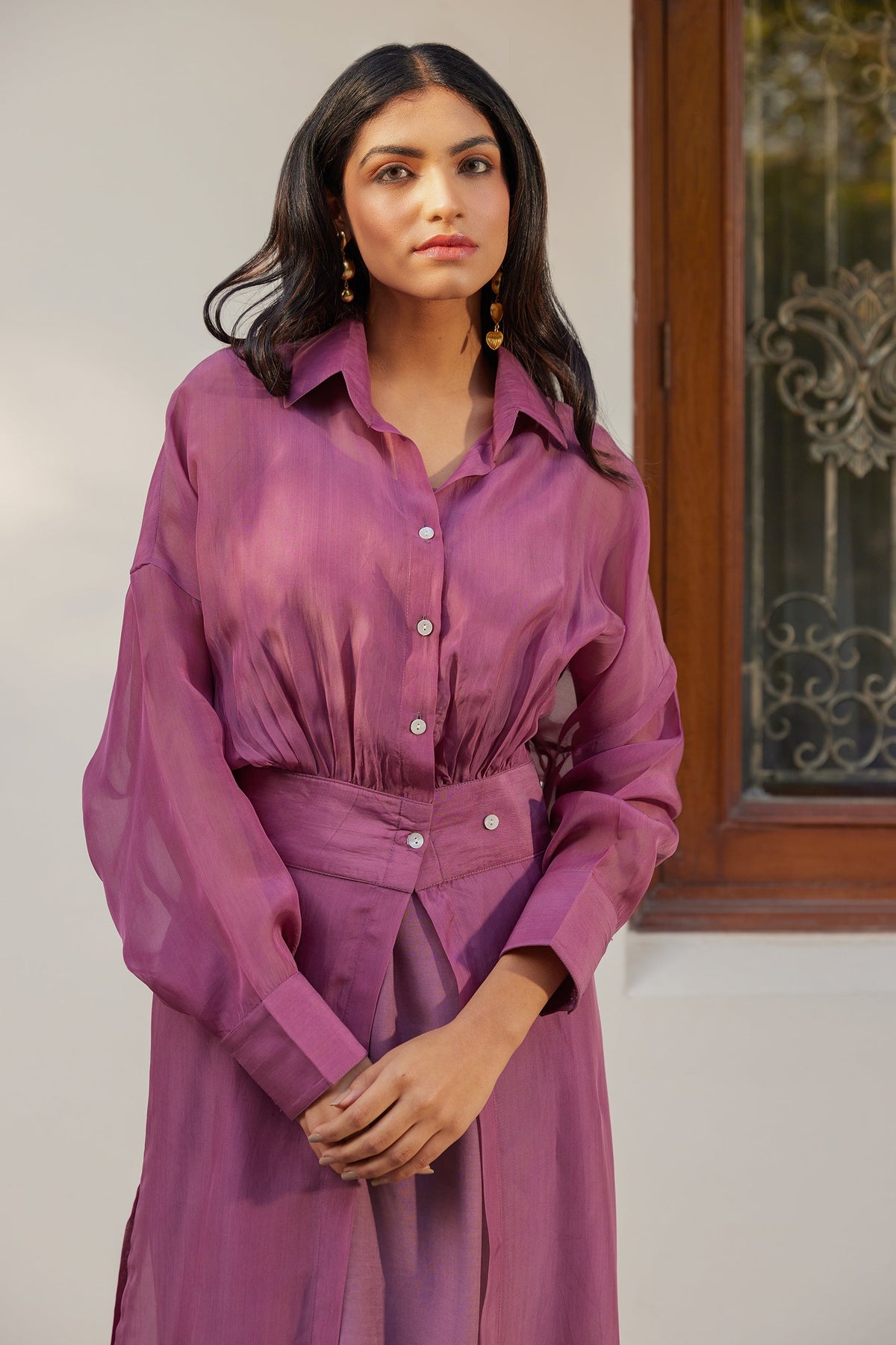 Purple Solid Organza Jacket Set (Set of Two) by Kapraaha - view 6