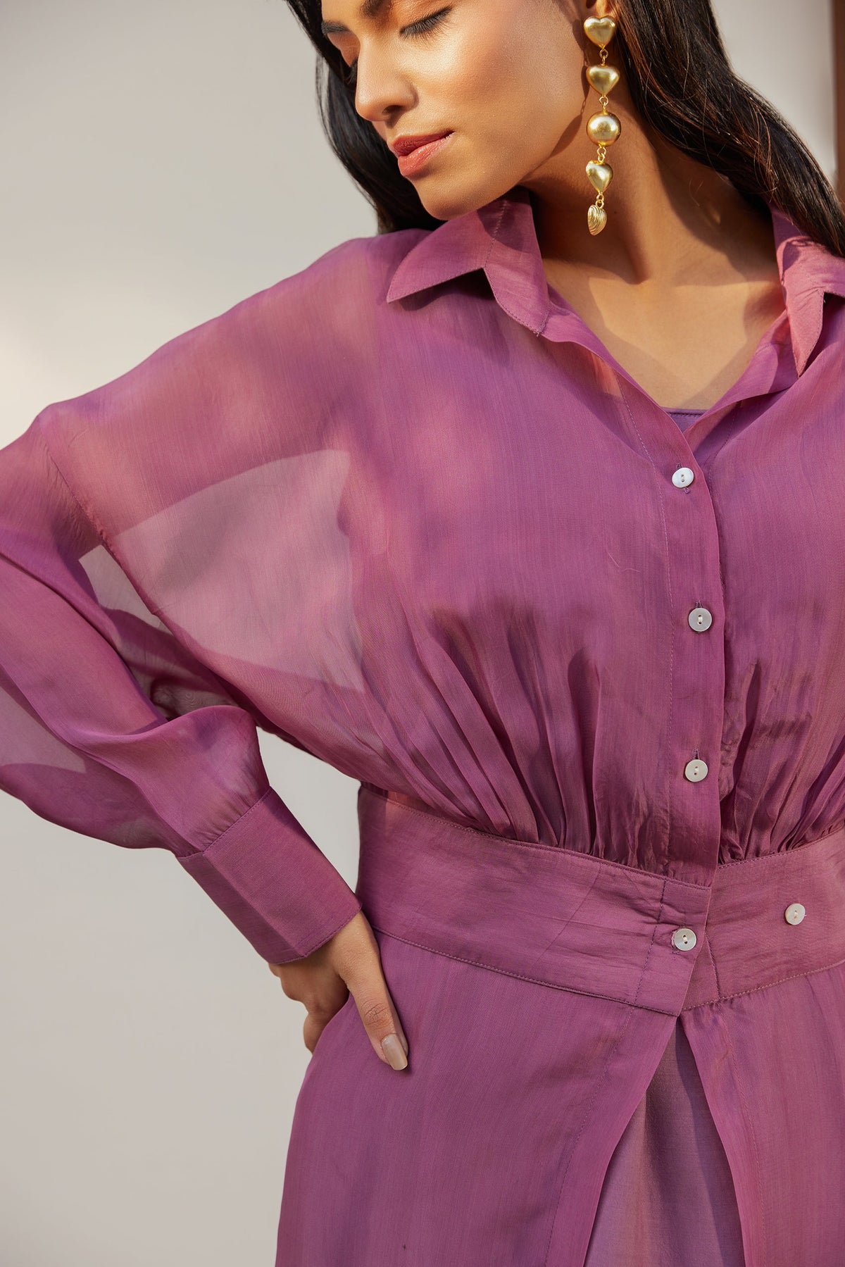 Purple Solid Organza Jacket Set (Set of Two) by Kapraaha - view 3