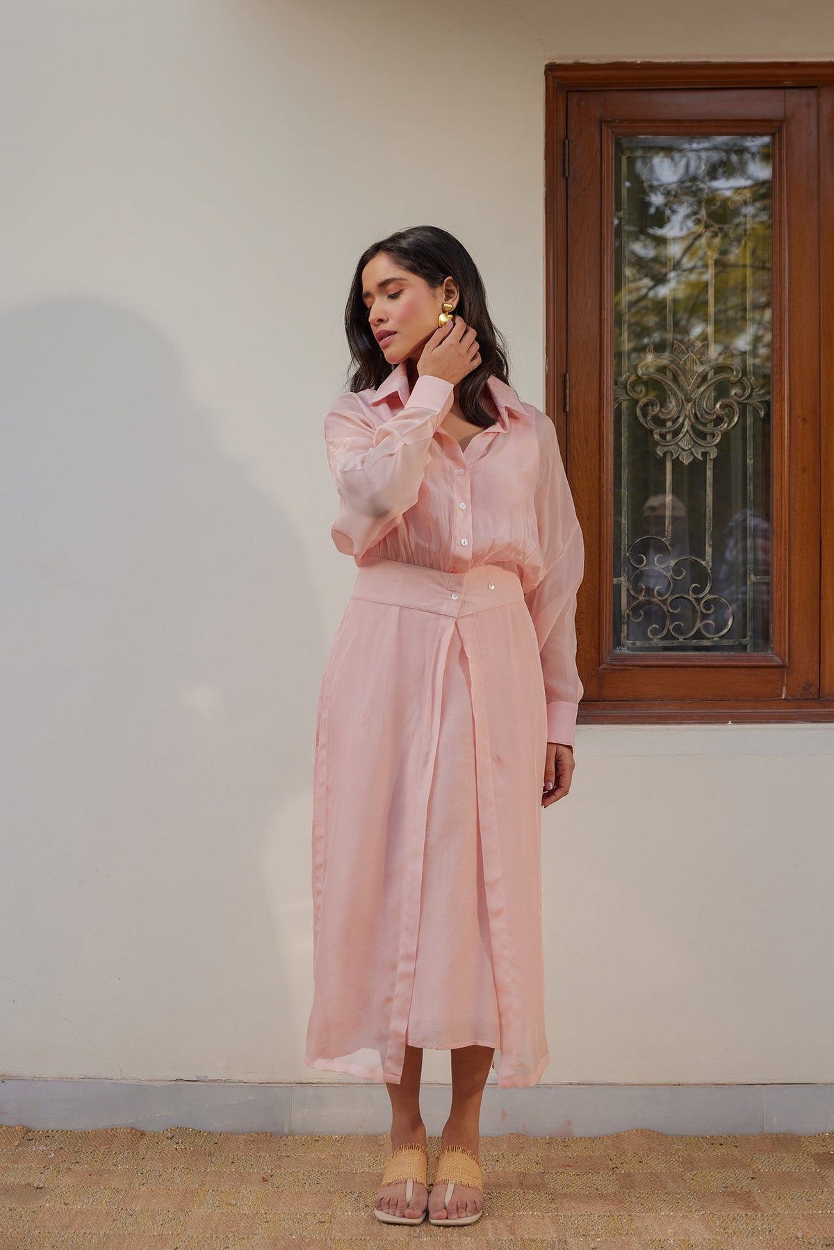 Blush Pink Solid Organza Jacket Set (Set of Two) by Kapraaha - view 3