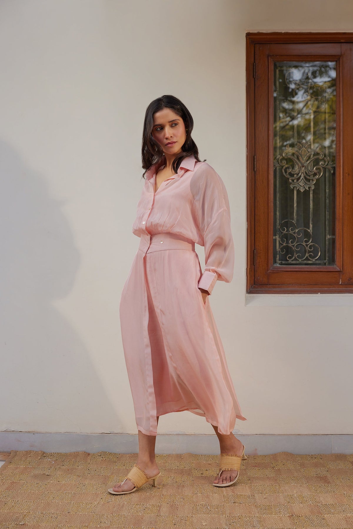 Blush Pink Solid Organza Jacket Set (Set of 2)