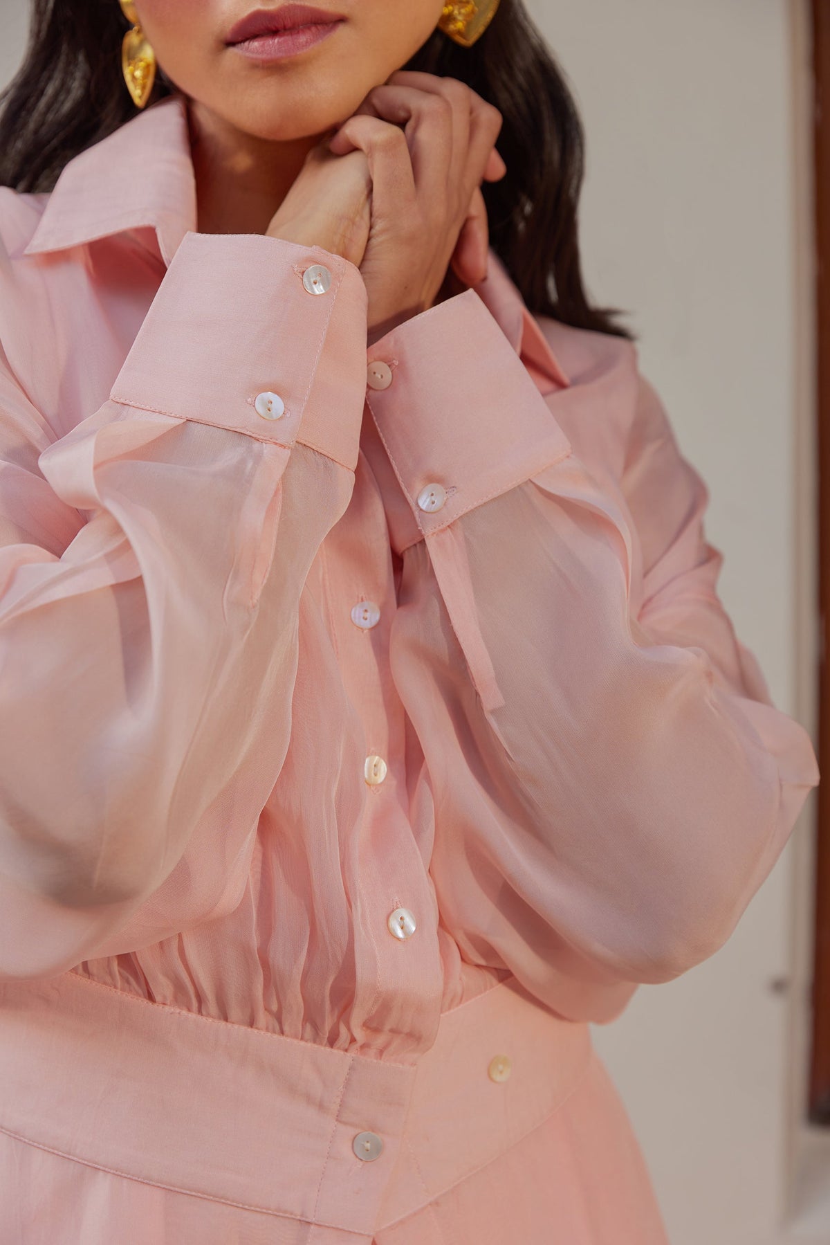 Blush Pink Solid Organza Jacket Set (Set of Two) by Kapraaha - view 5