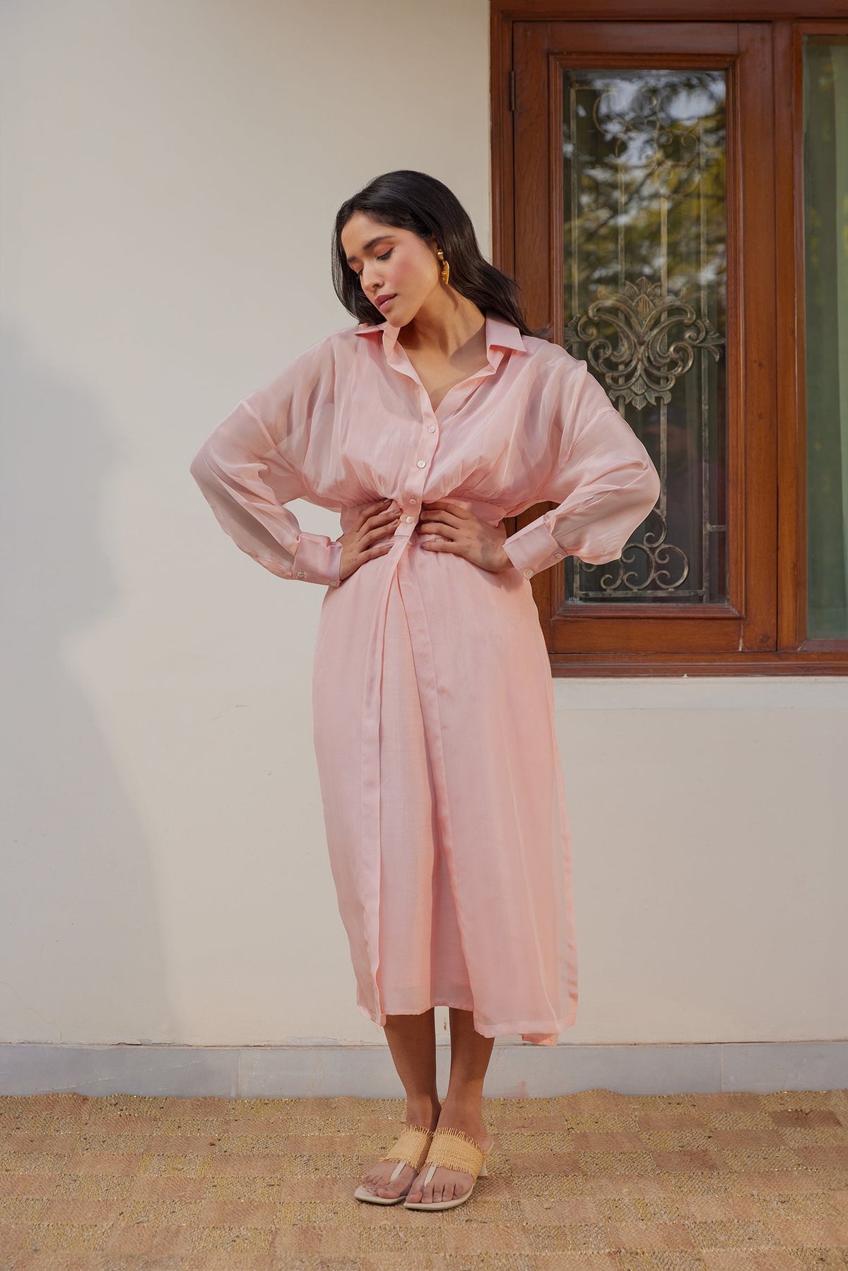 Blush Pink Solid Organza Jacket Set (Set of Two) by Kapraaha - view 7