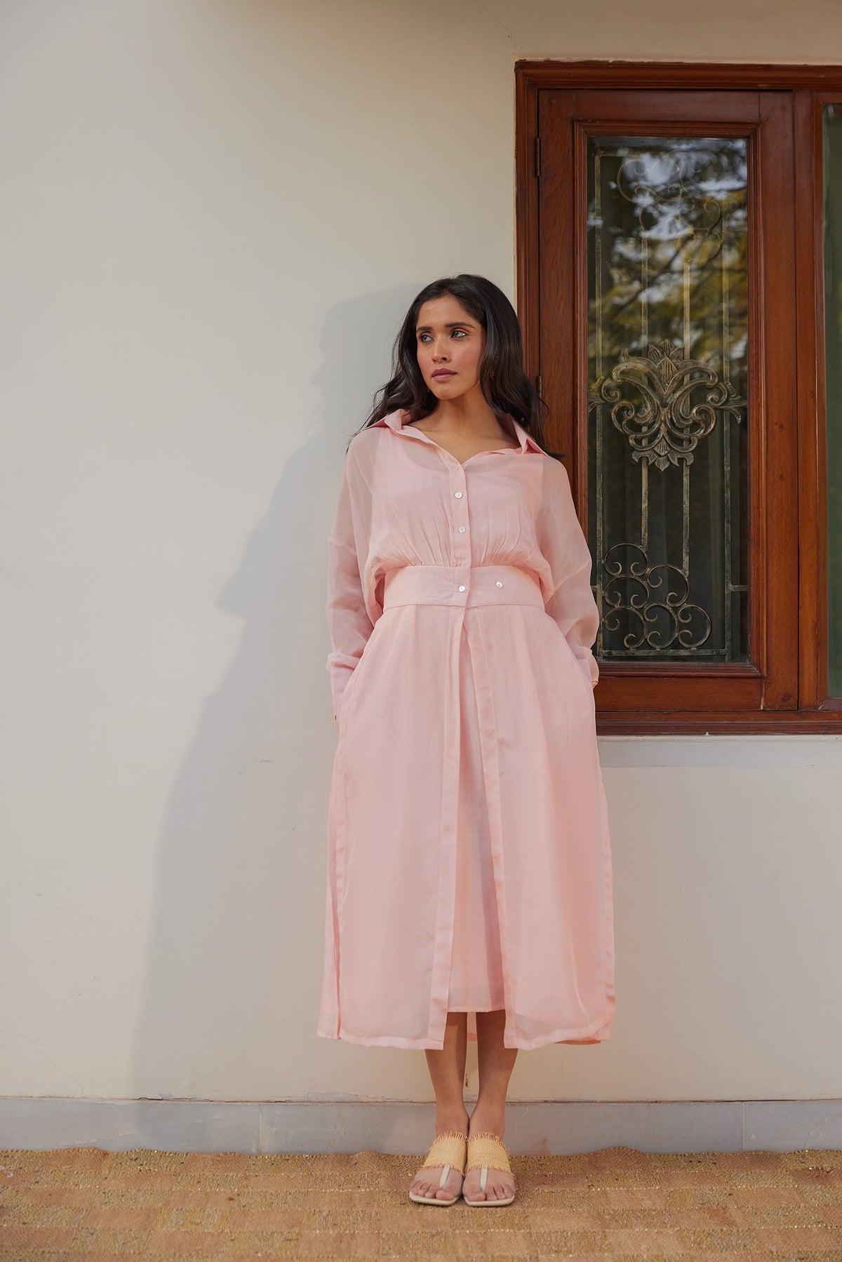 Blush Pink Solid Organza Jacket Set (Set of Two) by Kapraaha - view 8