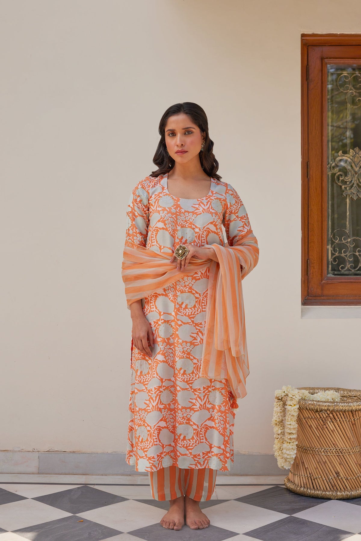 Orange Floral Kurta Set (Set of 3)