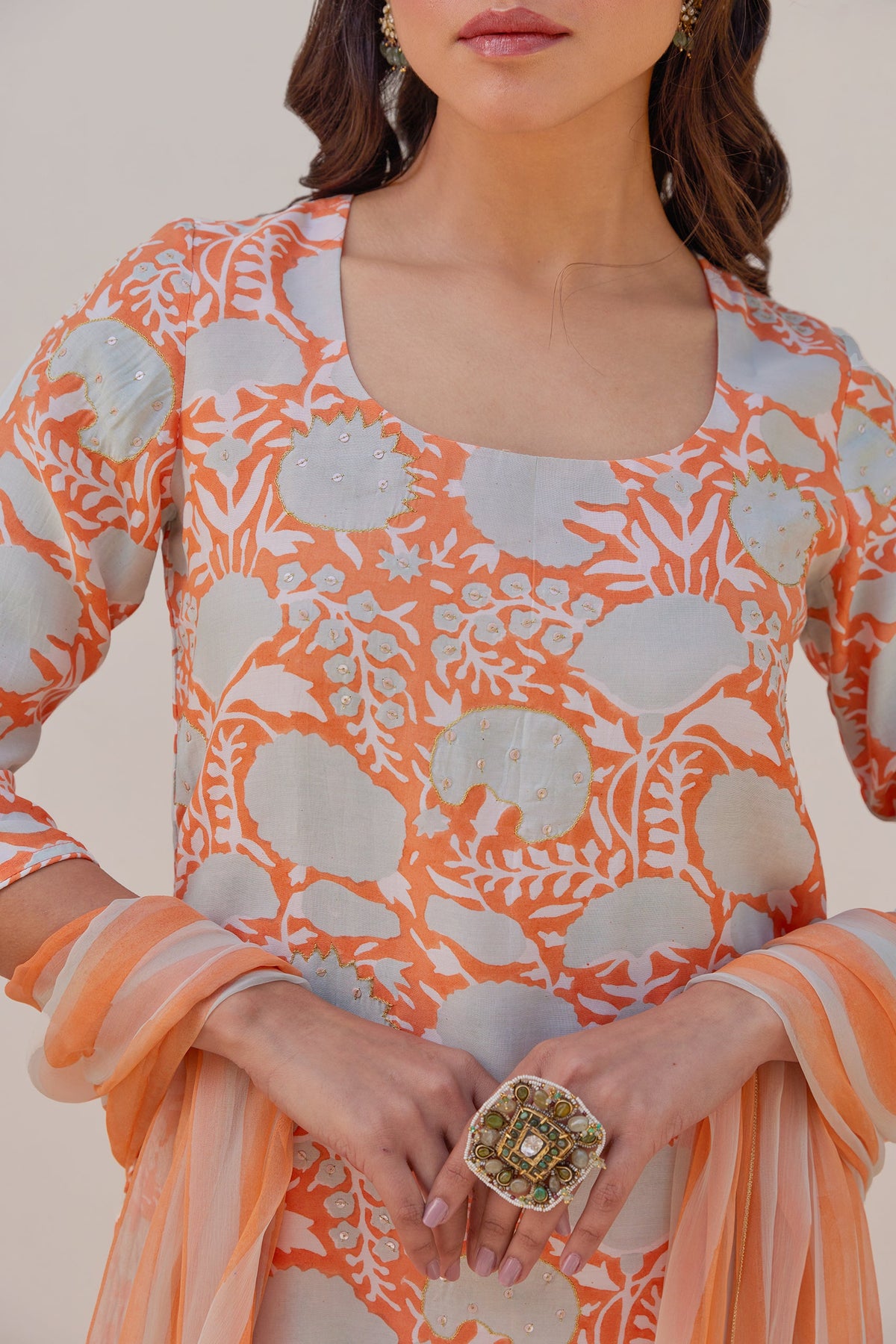 Orange Floral Kurta Set (Set of Three) by Kapraaha - view 5