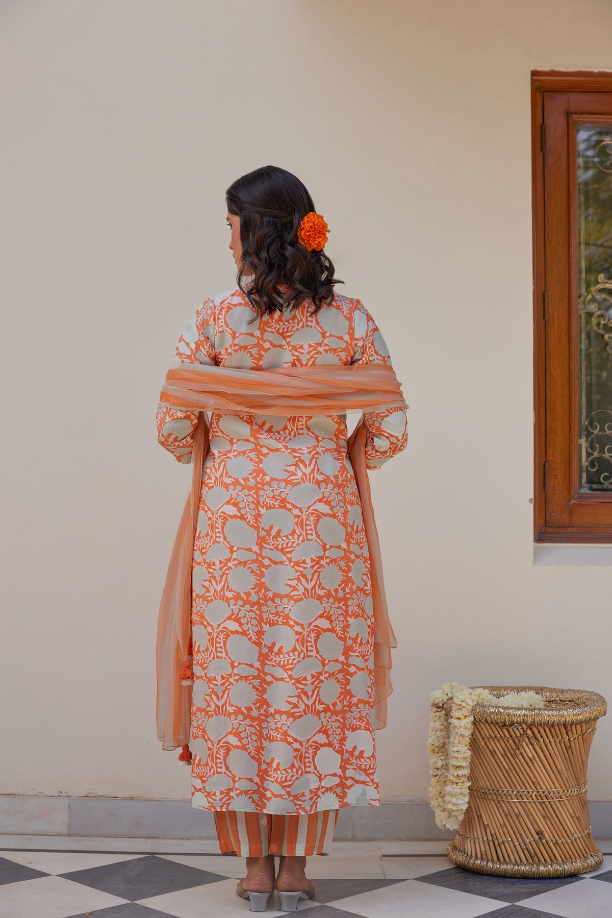 Orange Floral Kurta Set (Set of 3)