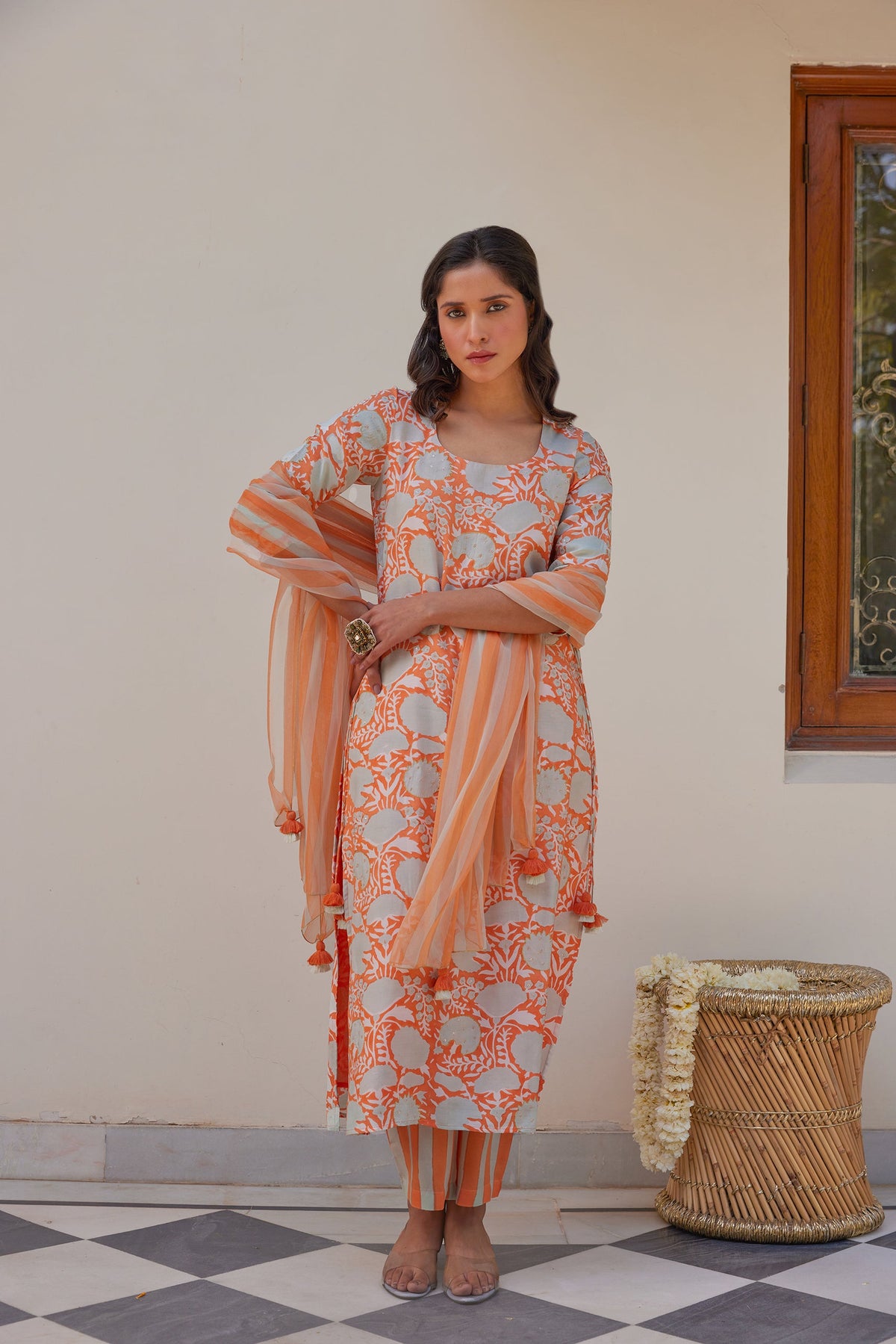 Orange Floral Kurta Set (Set of Three) by Kapraaha - view 9
