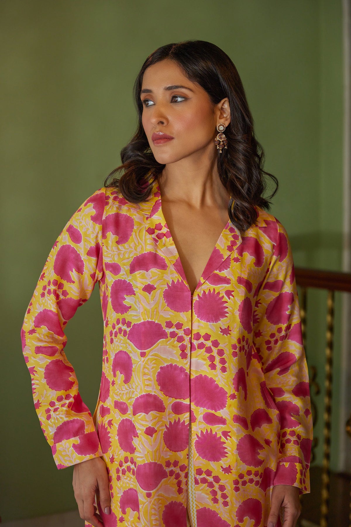 Yellow Hand Block Printed Floral Tunic Set (Set of Two) by Kapraaha - view 6