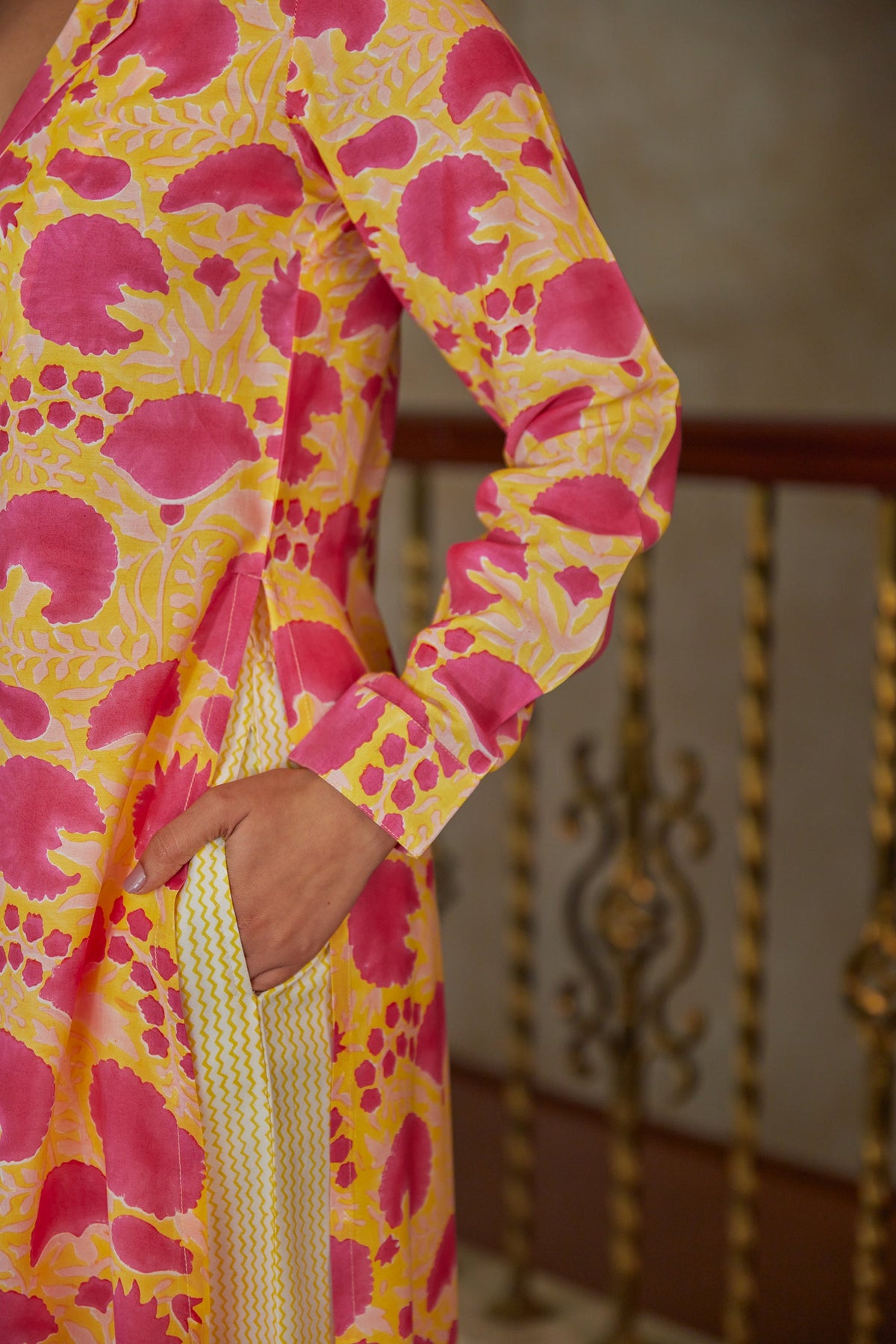 Yellow Hand Block Printed Floral Tunic Set (Set of Two) by Kapraaha - view 7