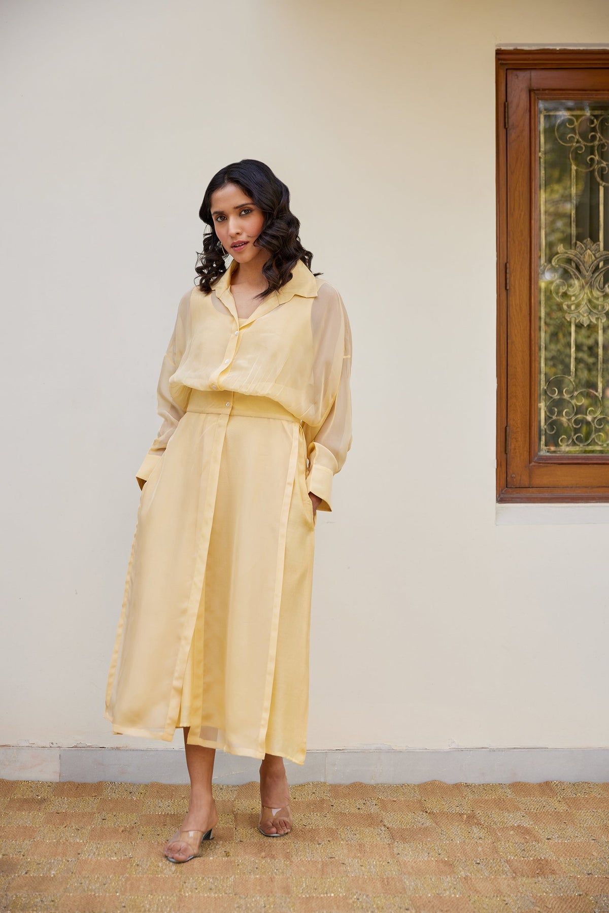 Yellow Solid Organza Jacket Set (Set of Two) by Kapraaha - view 6