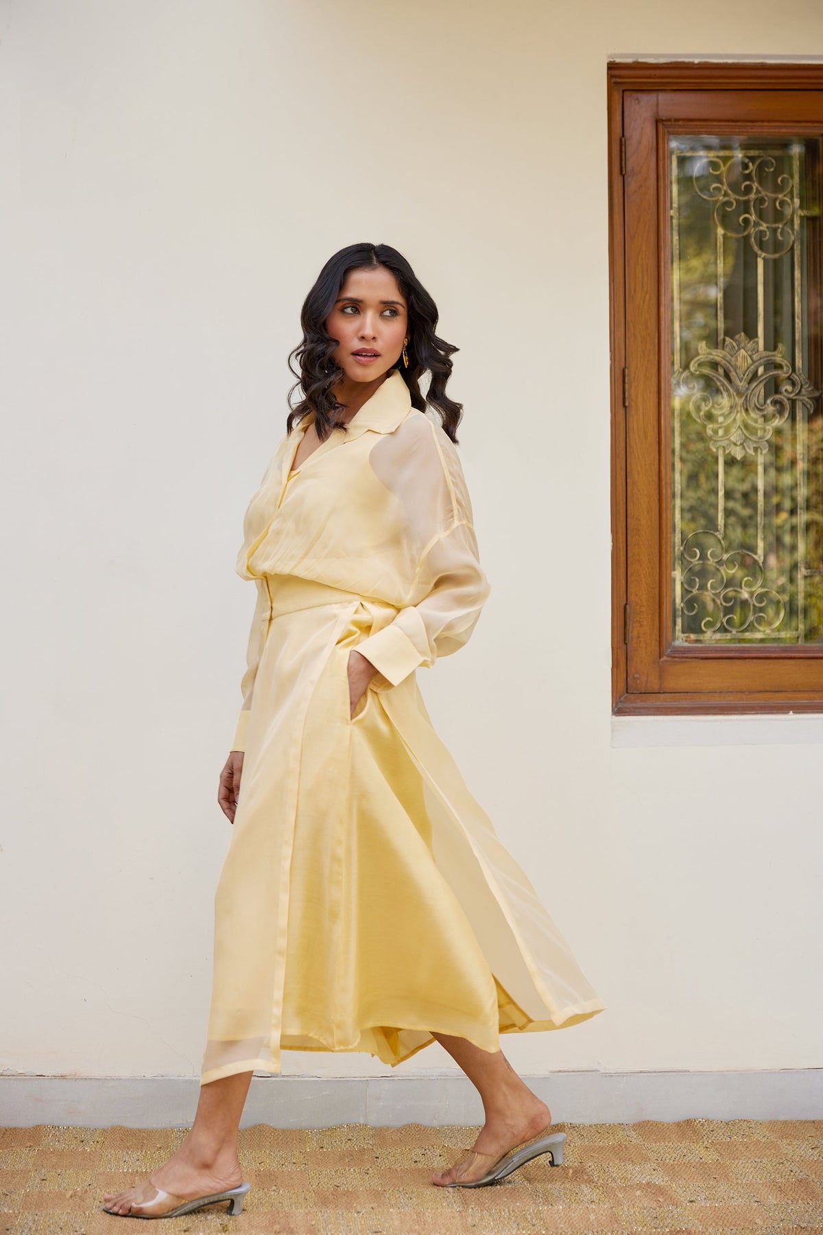 Yellow Solid Organza Jacket Set (Set of Two) by Kapraaha - view 7