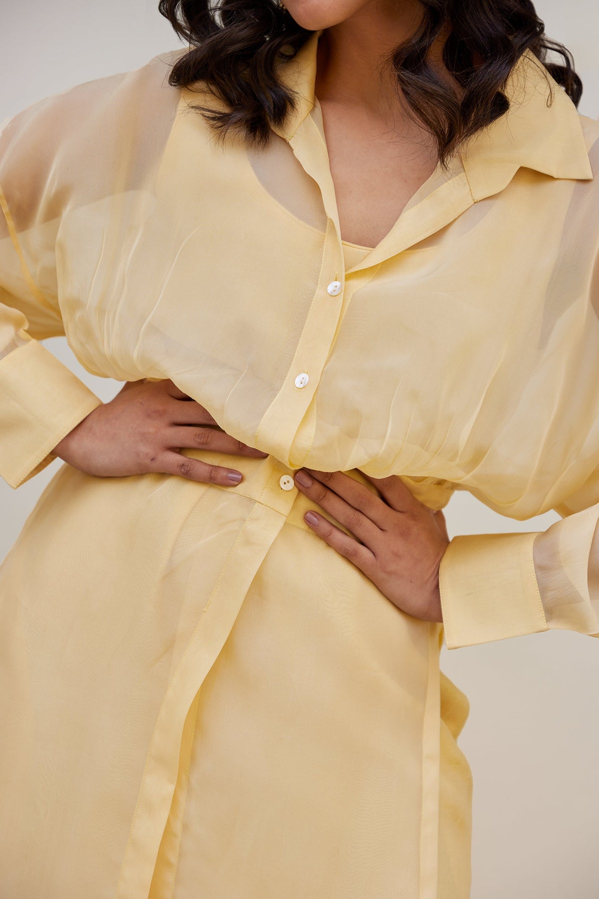 Yellow Solid Organza Jacket Set (Set of Two) by Kapraaha - view 4