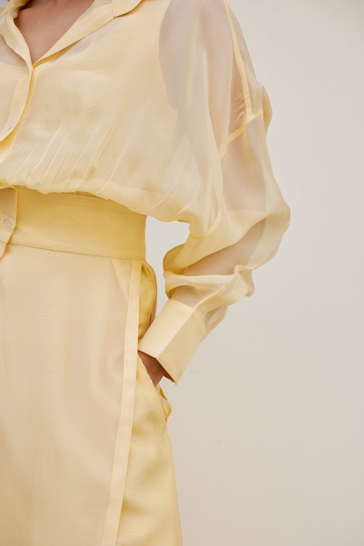 Yellow Solid Organza Jacket Set (Set of Two) by Kapraaha - view 5
