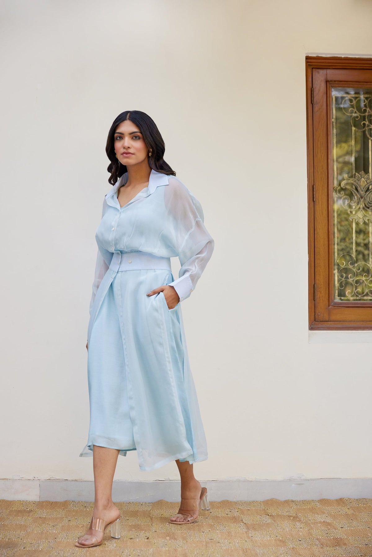 Blue Solid Organza Jacket Set (Set of Two) by Kapraaha - view 8