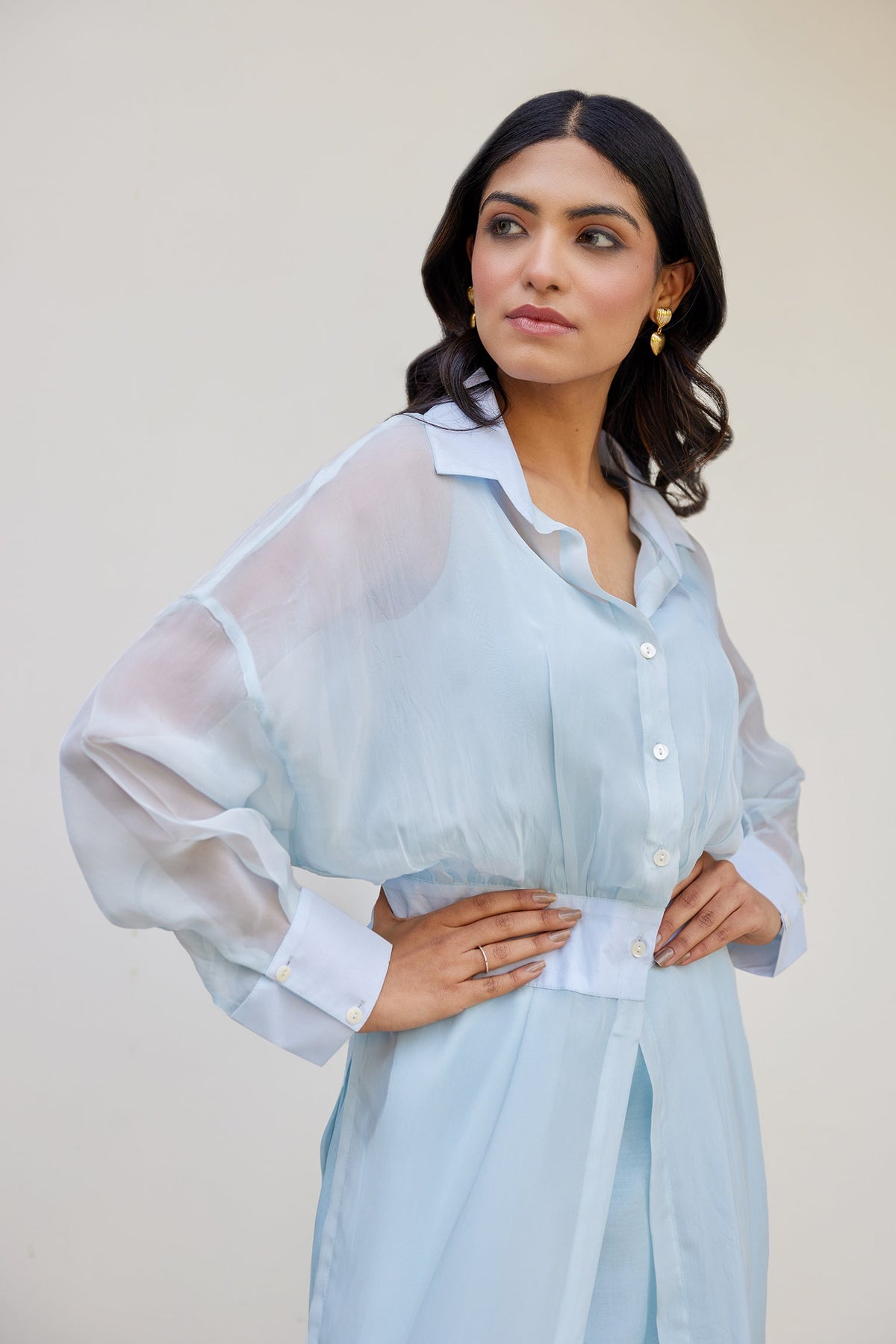 Blue Solid Organza Jacket Set (Set of Two) by Kapraaha - view 3