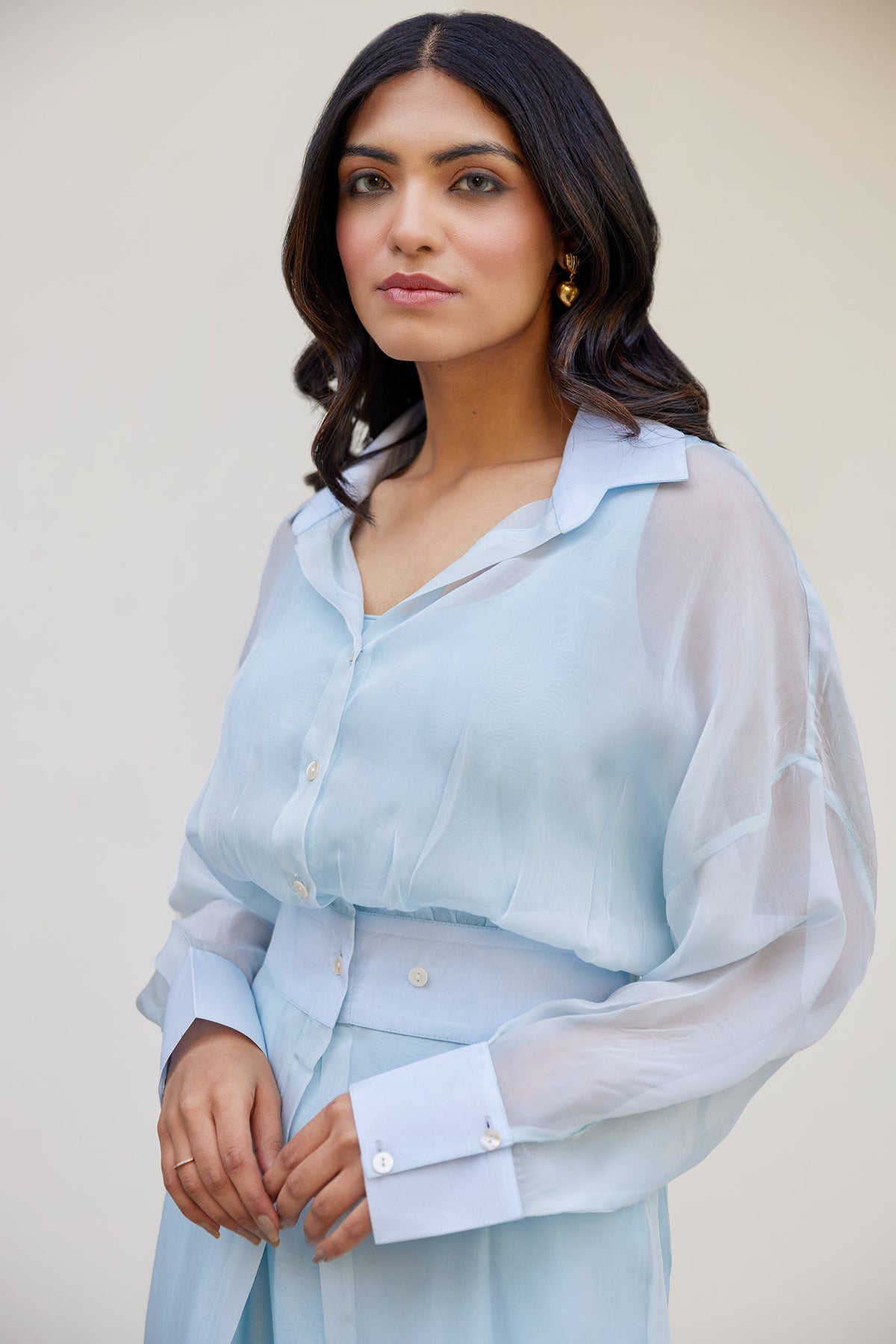 Blue Solid Organza Jacket Set (Set of Two) by Kapraaha - view 5