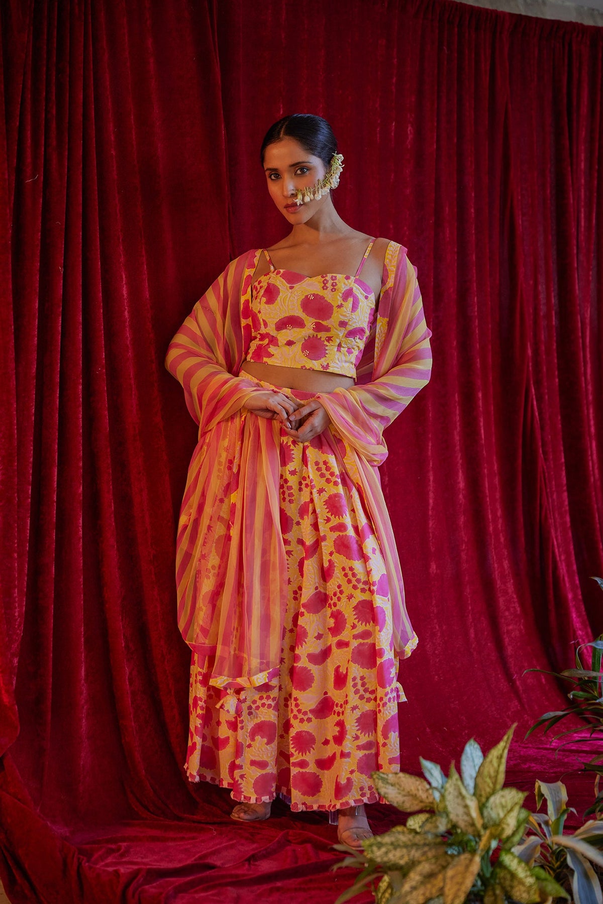 Yellow Floral Muslin Lehenga Set ( Set of Three) by Kapraaha - view 7