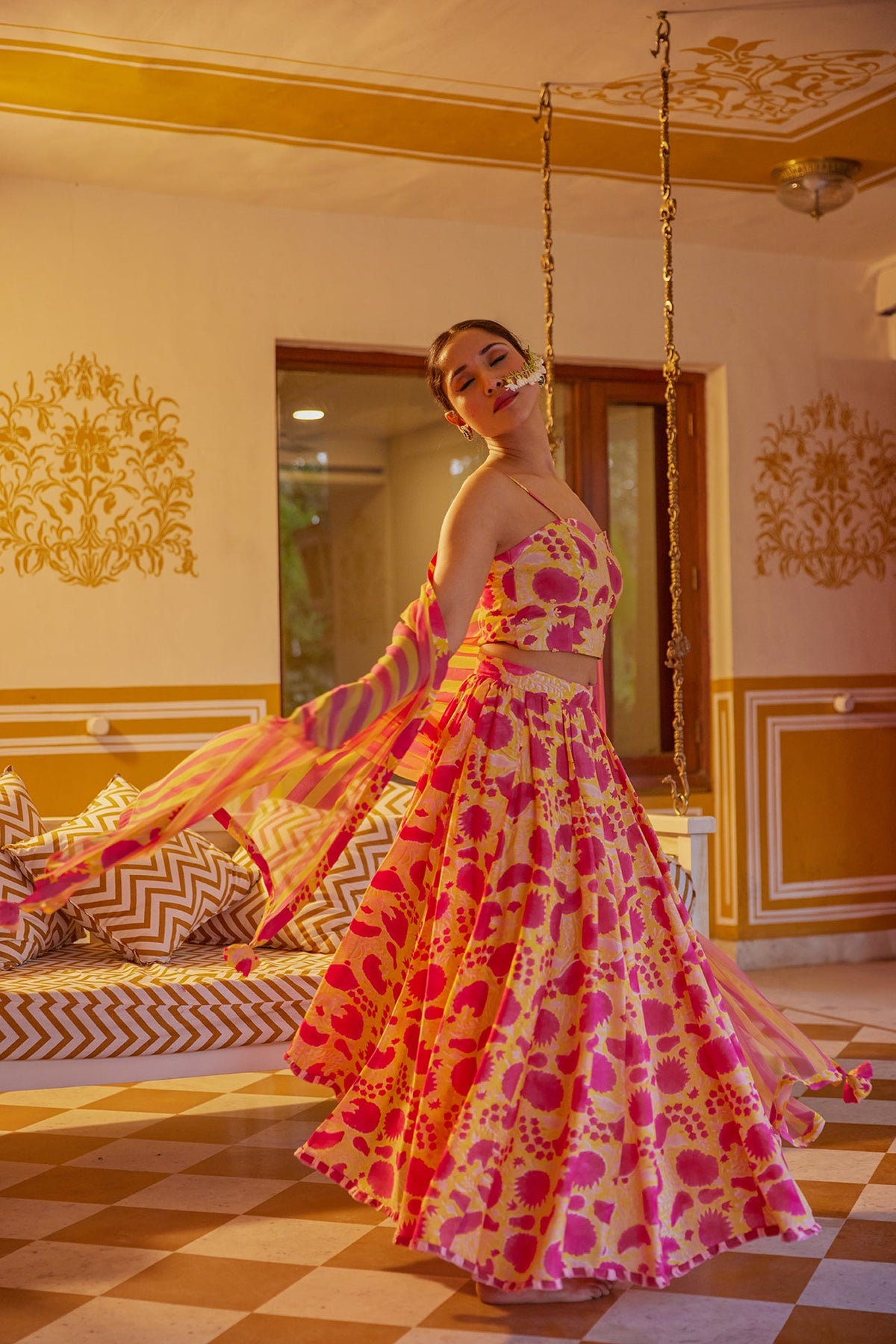 Yellow Floral Muslin Lehenga Set ( Set of Three) by Kapraaha - view 4
