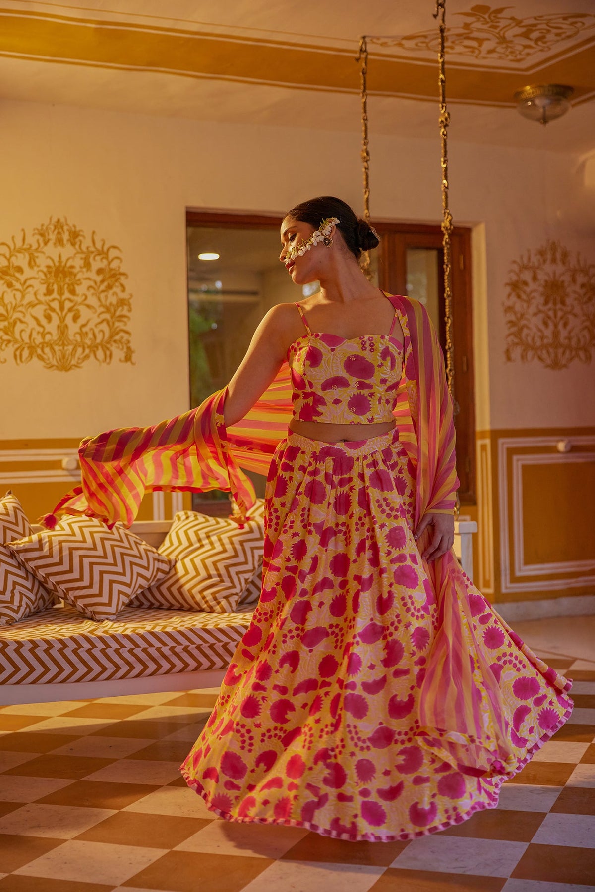 Yellow Floral Muslin Lehenga Set ( Set of Three) by Kapraaha - view 6
